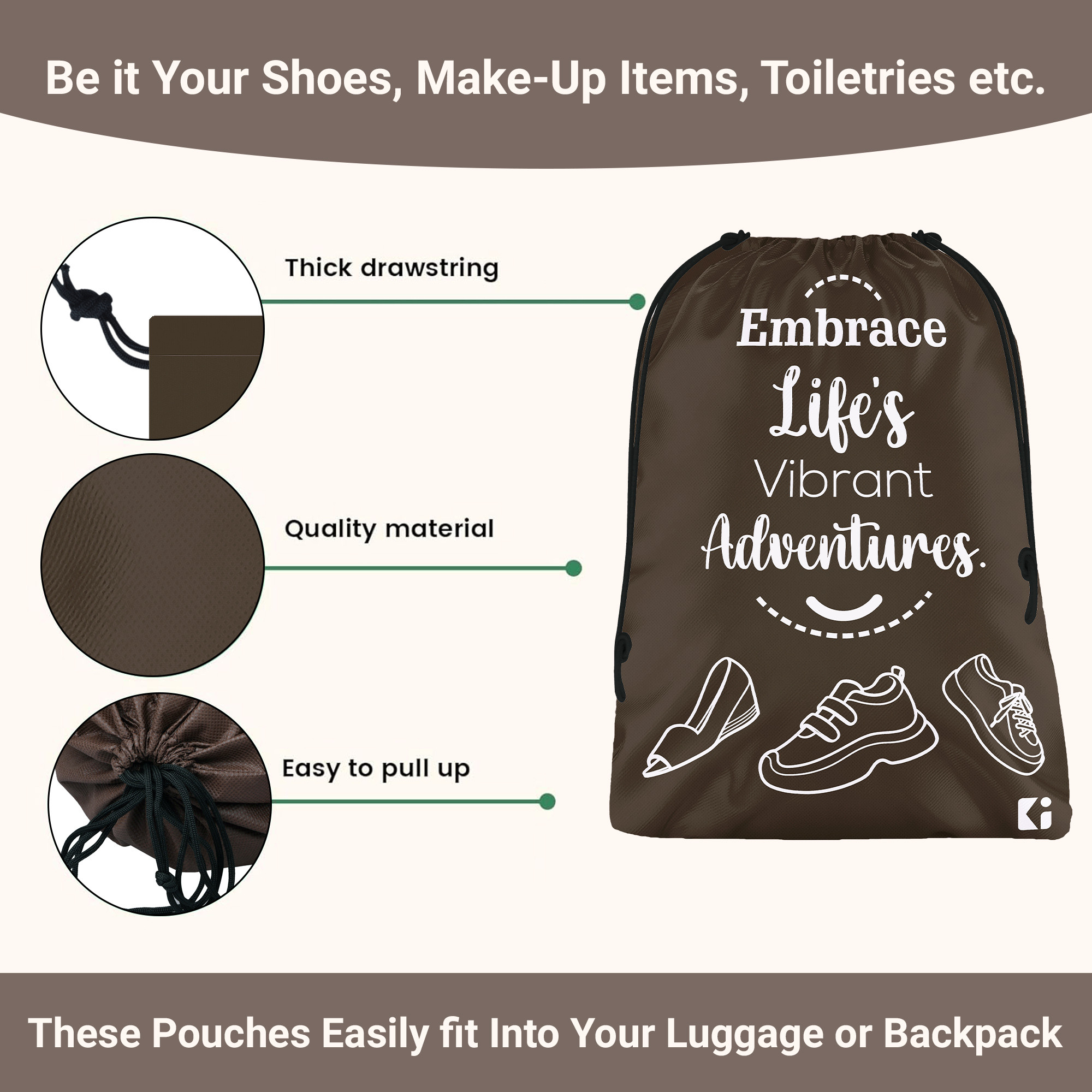 Kuber Industries Pack of 3 Shoe Bag For Travel  Drawstring Footwear Pouches  Toiletries Packing BagsCovers For Travelling  Printed - Brown