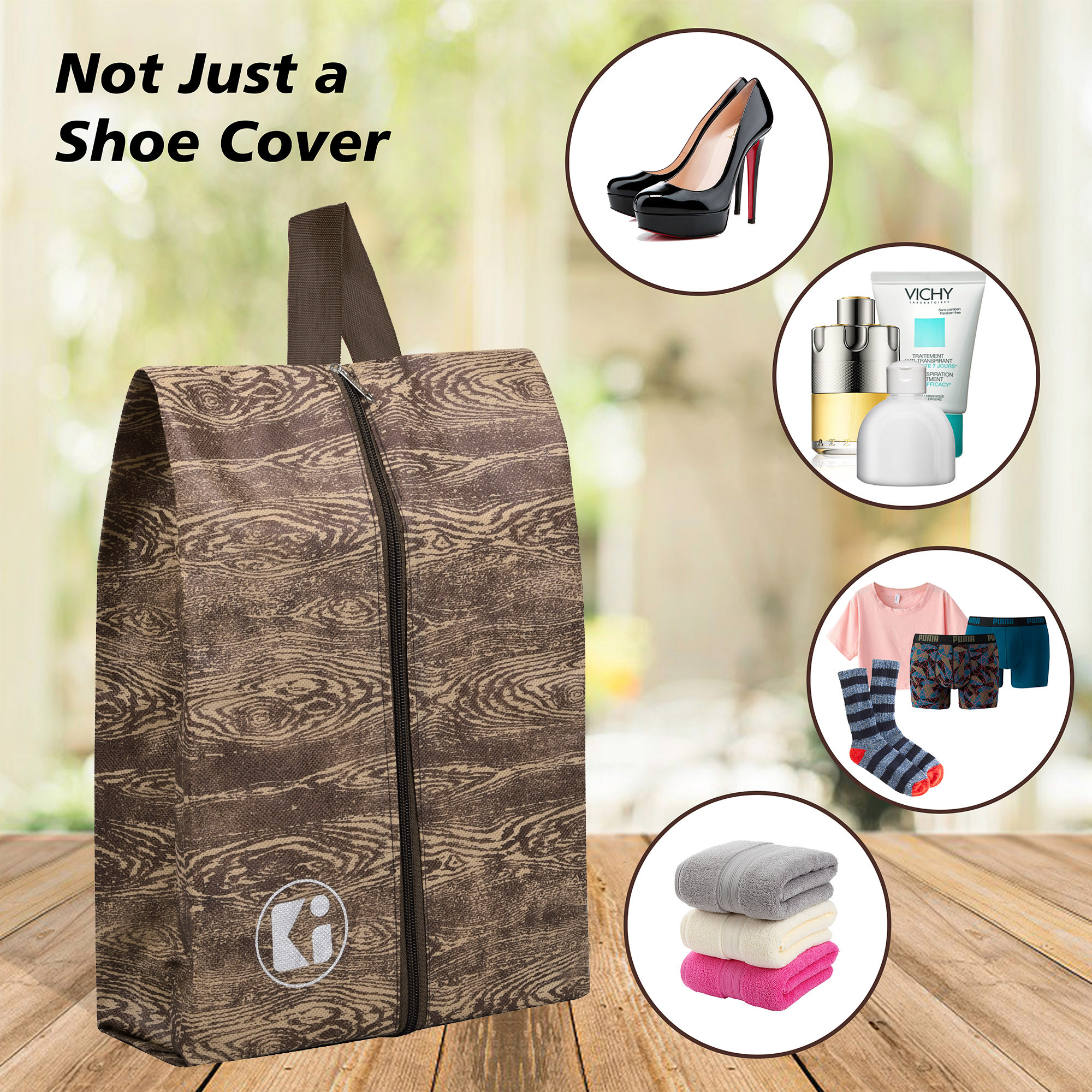 Kuber Industries Pack of 3 Shoe Bag For Travel  Drawstring Footwear Pouches  Toiletries Packing BagsCovers For Travelling  Wooden Brown