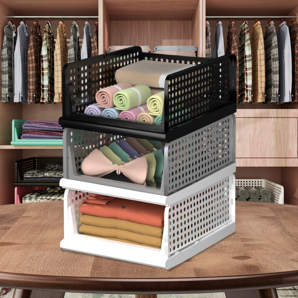 Kuber Industries Pack of 3 Storage Organizer | Wardrobe Organizer | Cloth Organizer | Foldable Shirt Stacker Box for Almirah | Closet Storage Basket | Large | White &amp; Gray &amp; Black
