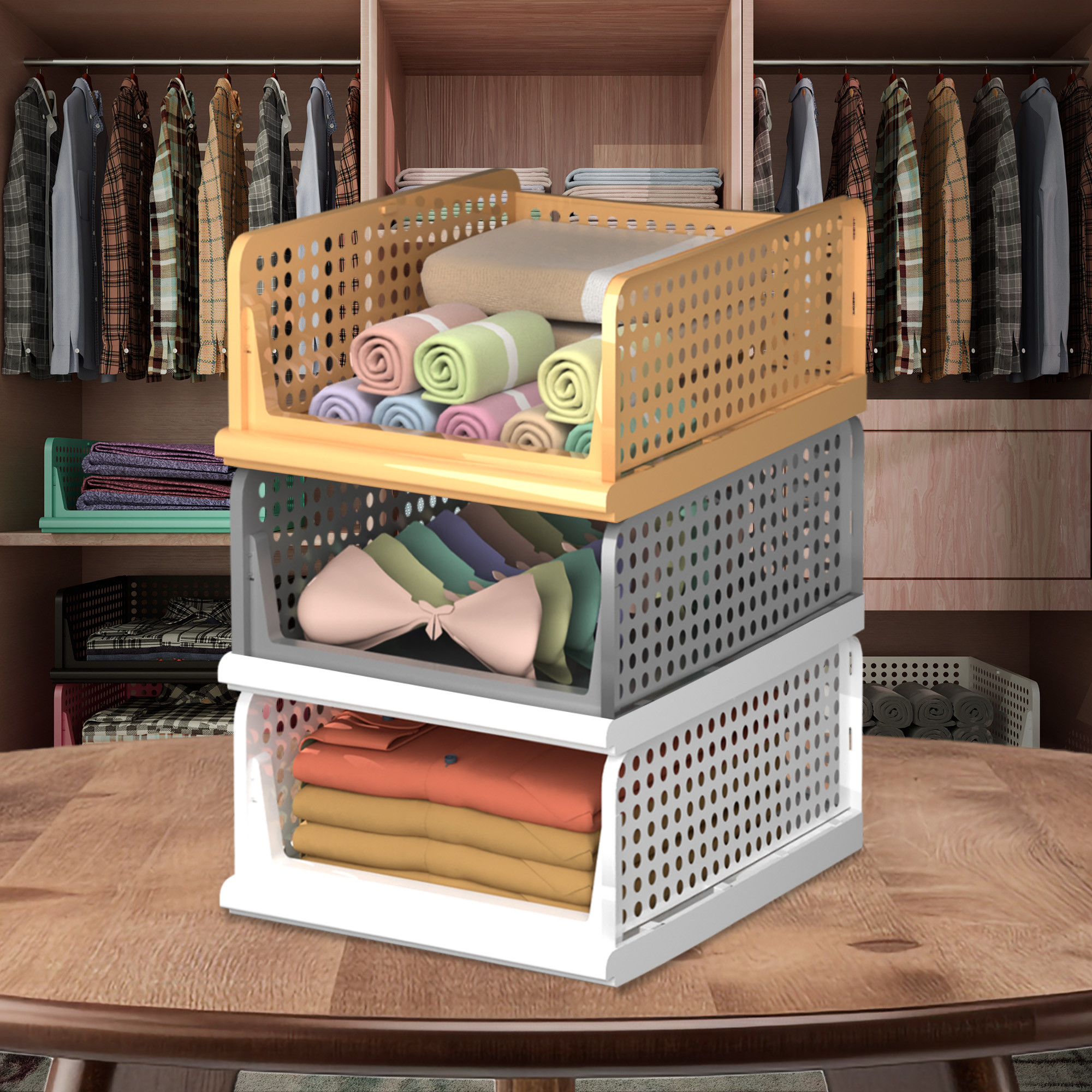 Kuber Industries Pack of 3 Storage Organizer | Wardrobe Organizer | Cloth Organizer | Foldable Shirt Stacker Box for Almirah | Closet Storage Basket | Large | White & Gray & Ivory