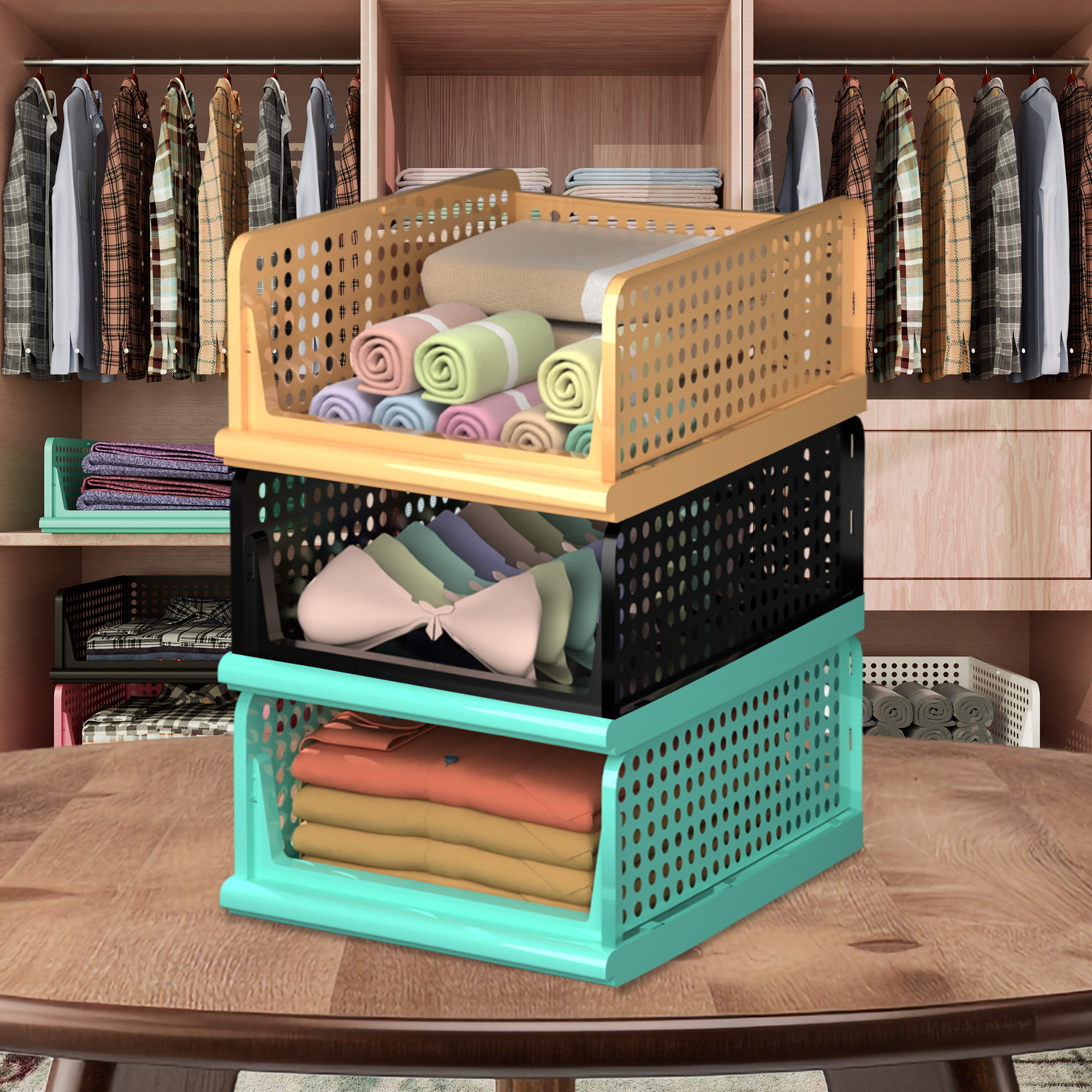 Kuber Industries Pack of 3 Storage Organizer | Wardrobe Organizer | Cloth Organizer | Foldable Shirt Stacker Box for Almirah | Closet Storage Basket | Large | Pista Green & Black & Ivory