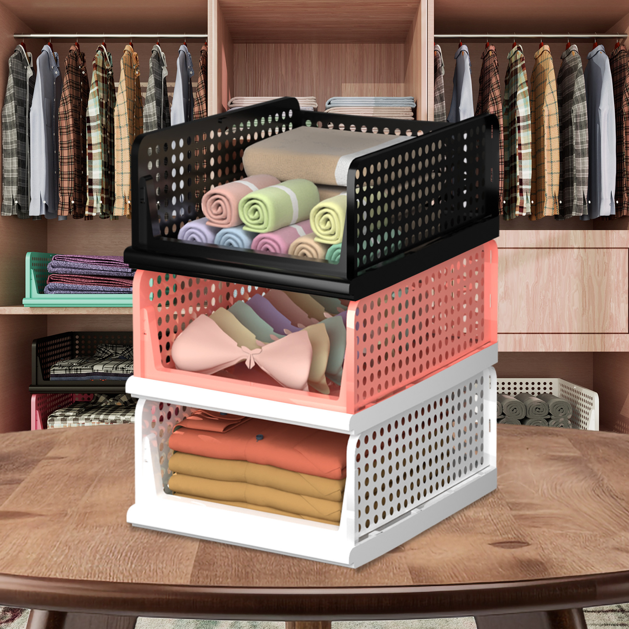 Kuber Industries Pack of 3 Storage Organizer | Wardrobe Organizer | Cloth Organizer | Foldable Shirt Stacker Box for Almirah | Closet Storage Basket | Large | White & Light Pink & Black