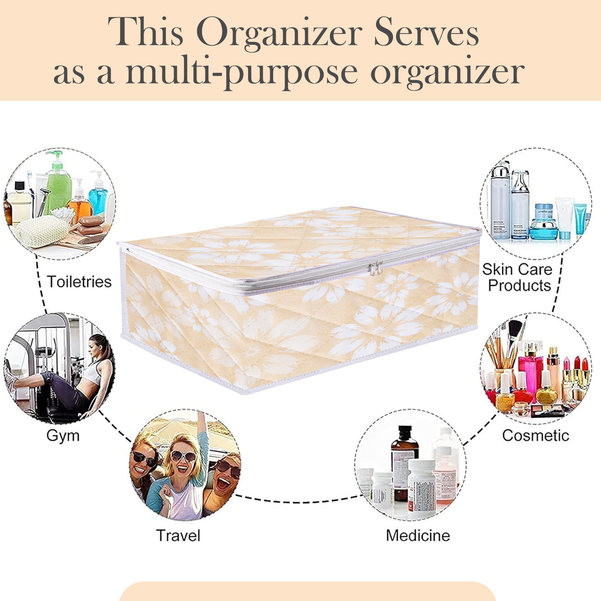 Kuber Industries Pack of 3 Travel Storage Organizer  Space Saver Bags for Underwear-Socks-Bra-Panty  Multi-Purpose Toiletry Bag  Blank Pouch Utility Pouches  Flower Quilted  Large  Golden