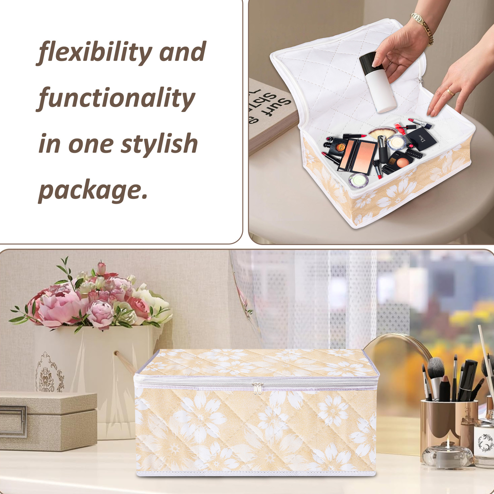 Kuber Industries Pack of 3 Travel Storage Organizer  Space Saver Bags for Underwear-Socks-Bra-Panty  Multi-Purpose Toiletry Bag  Blank Pouch Utility Pouches  Flower Quilted  Medium  Golden