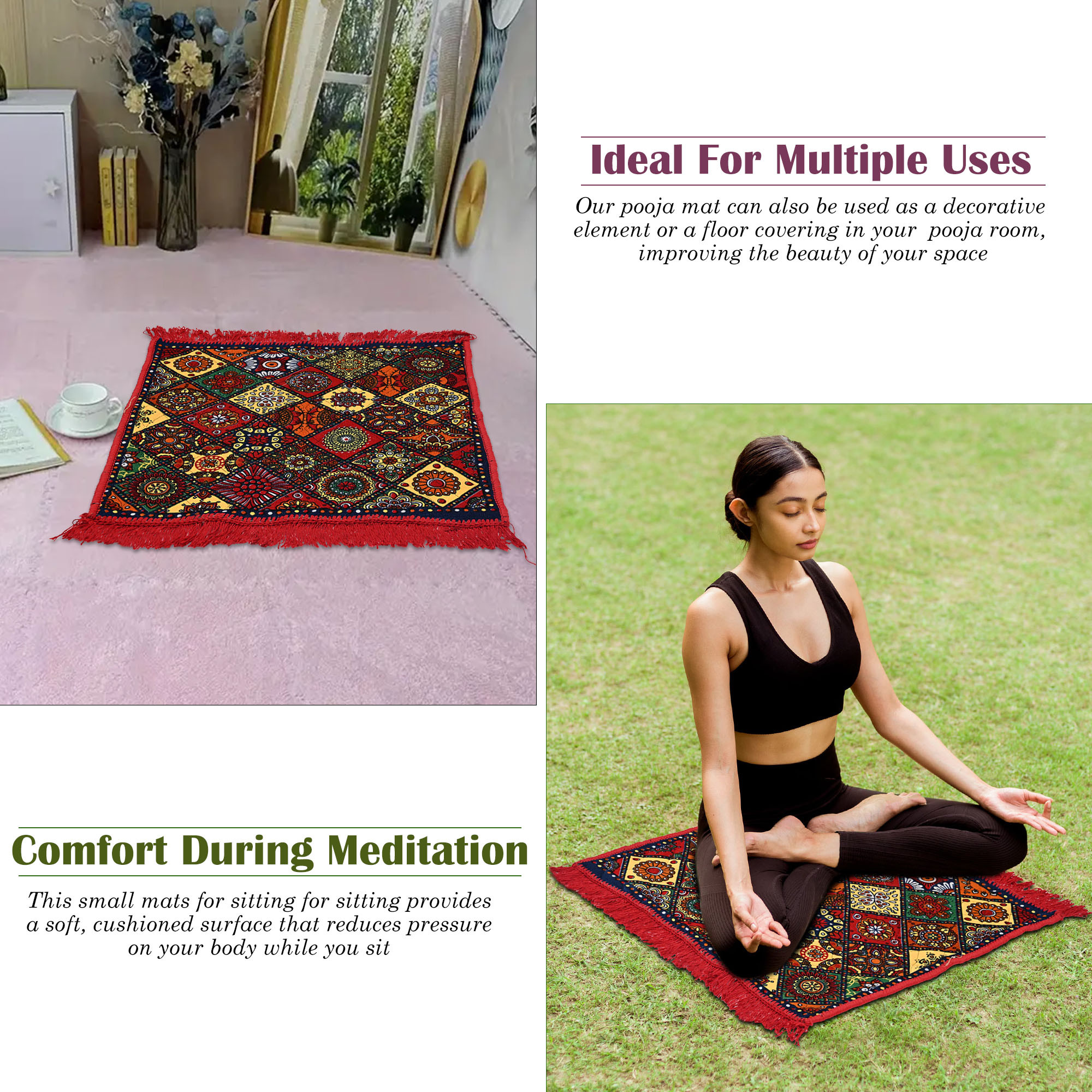 Kuber Industries Pack of 3 Velvet Finish pooja mat for sitting on floor  Traditional Rangoli Print Aasan Puja Cloth for Home Mandir  Suitable for Prayer  Meditation  Red Rangoli