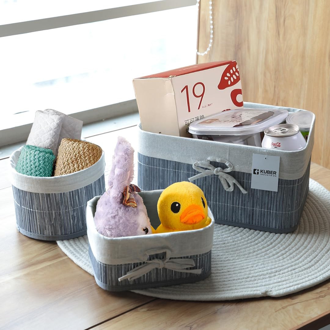 Kuber Industries Pack of 4 Bamboo Storage Basket With Liner|Fodable Storage Organizer|Box For Cloth, Toiletry, Bathroom|Capacity 12.9L, 6L, 3L, 3.3L|GREY|