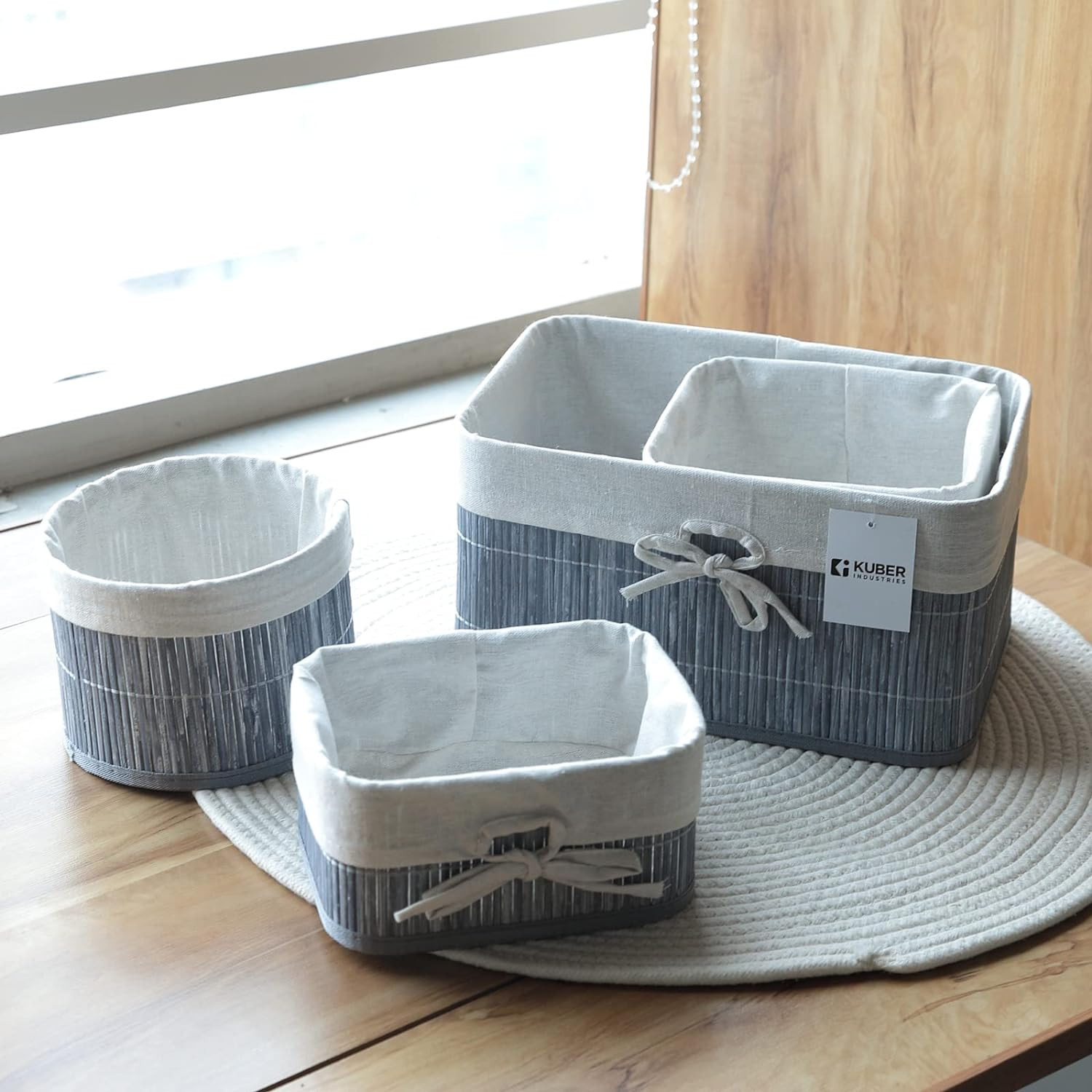 Kuber Industries Pack of 4 Bamboo Storage Basket With Liner|Fodable Storage Organizer|Box For Cloth, Toiletry, Bathroom|Capacity 12.9L, 6L, 3L, 3.3L|GREY|