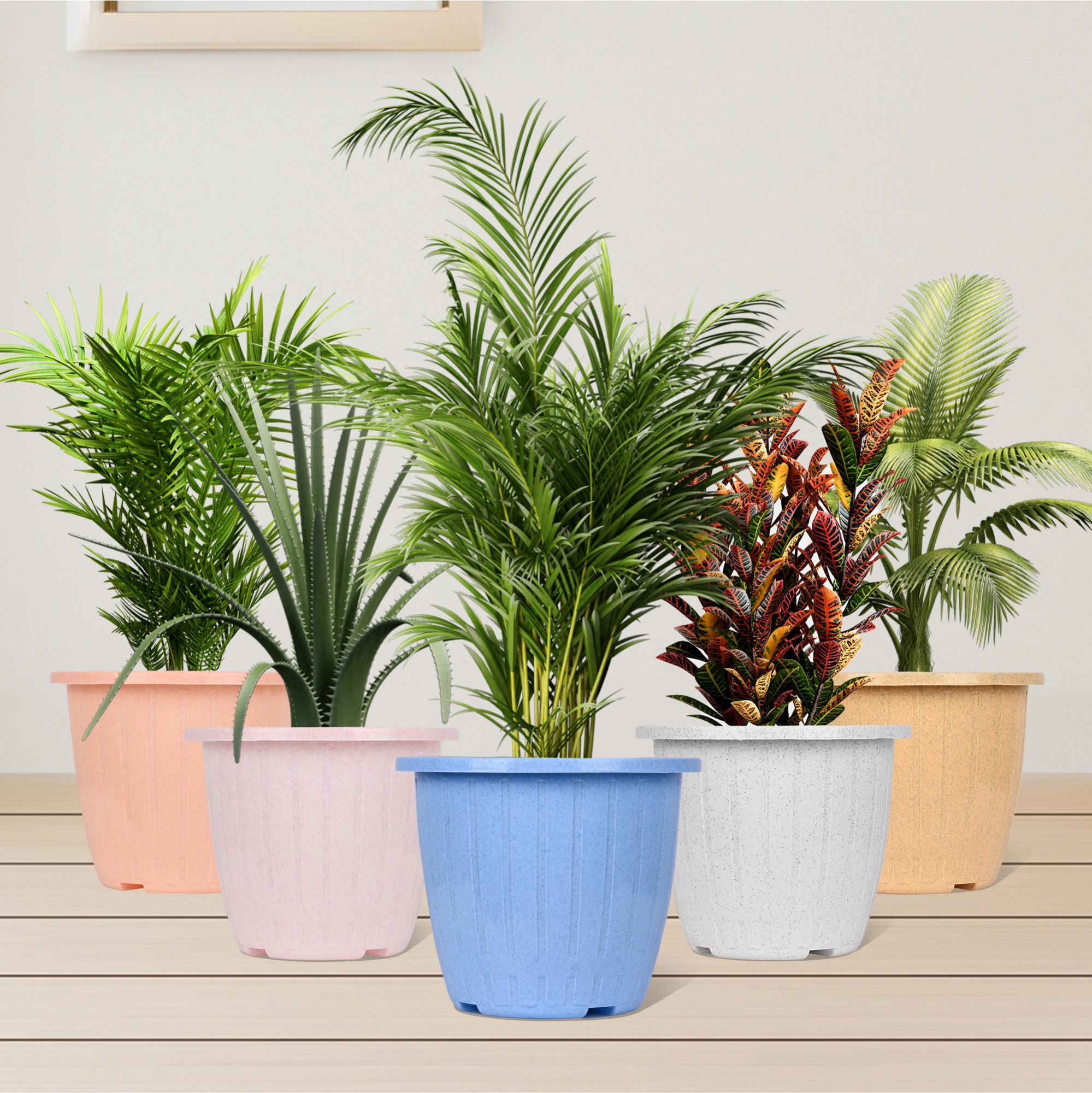 Kuber Industries Pack of 4 Flower Pot | Flower Pot for Living Room | Planters for Home-Lawns & Gardening | Window Flower Pots for Balcony | Marble Duro | 8 Inch | Sky Blue & White