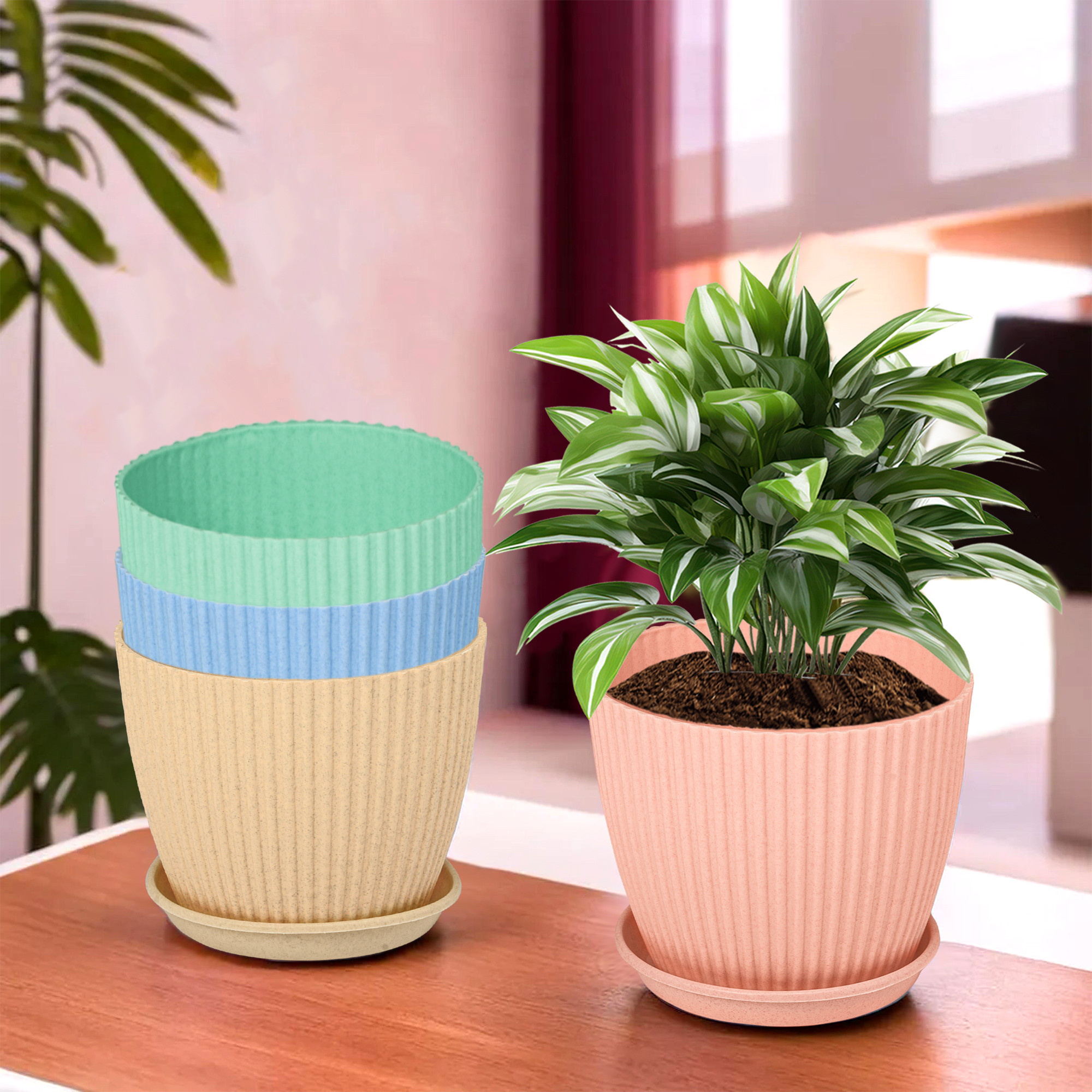 Kuber Industries Pack of 4 Flower Pot with Bottom Tray | Flower Container for Living Room | Planters for Home-Lawns & Garden | Flower Planter for Balcony | Marble Mega | 9 Inch | Multicolor