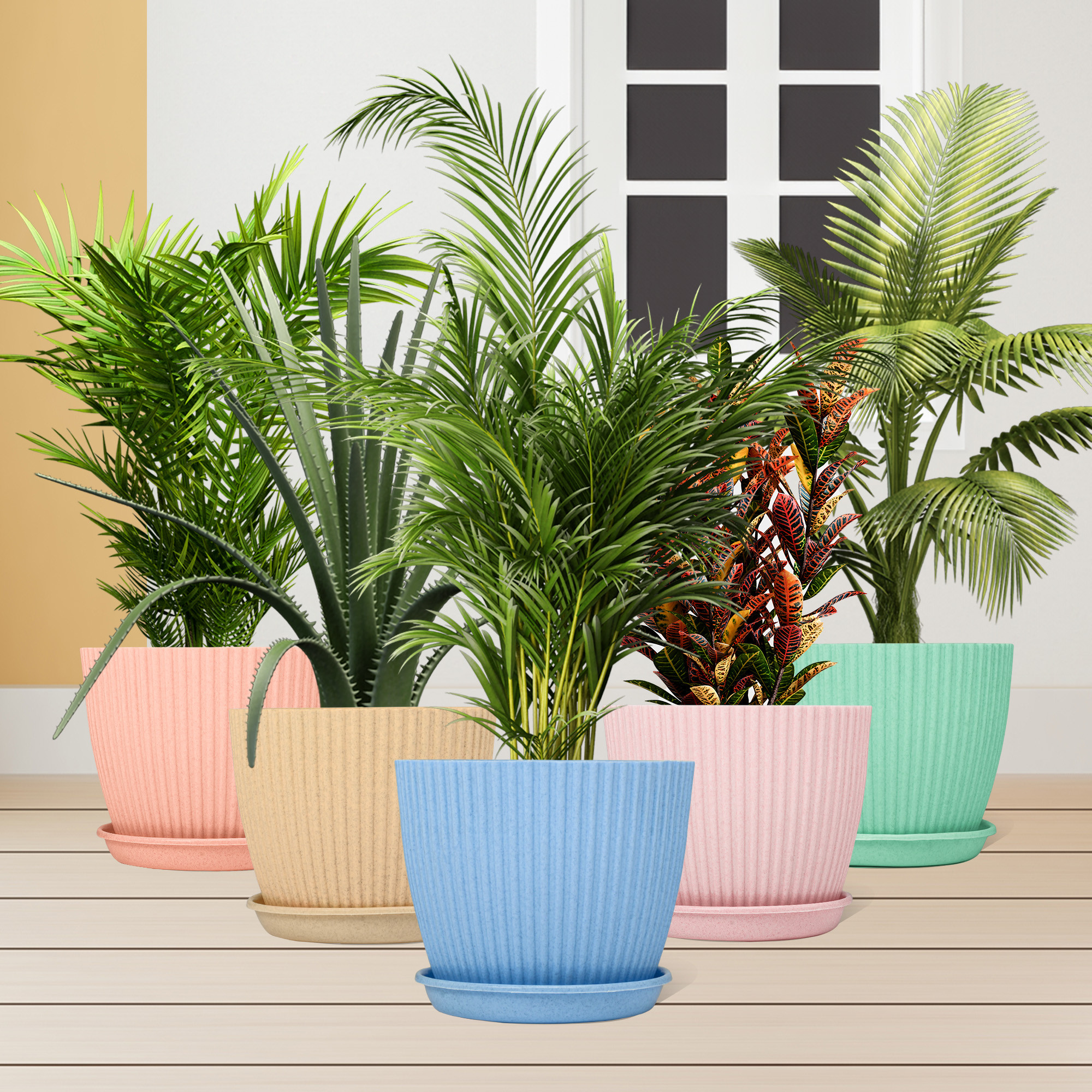 Kuber Industries Pack of 4 Flower Pot with Bottom Tray | Flower Container for Living Room | Planters for Home-Lawns & Garden | Flower Planter for Balcony | Marble Mega | 9 Inch | Multicolor