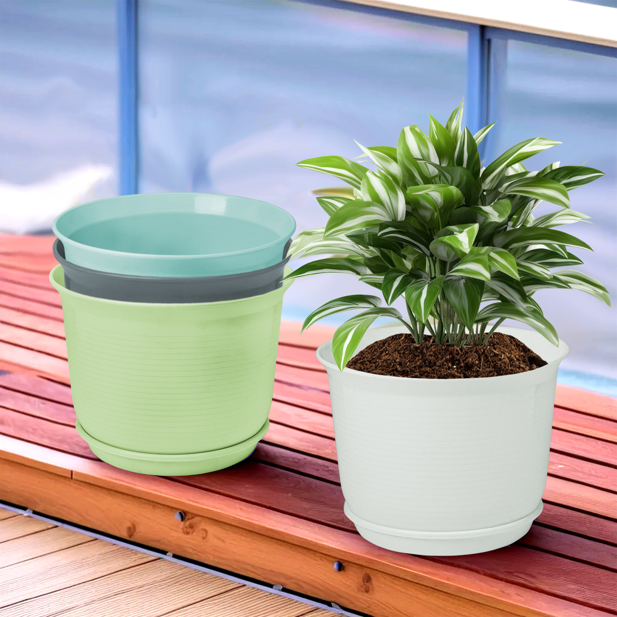 Kuber Industries Pack of 4 Flower Pot with Bottom Tray | Flower Planter Pots | Planters for Home-Lawns & Garden | Flower Planter for Balcony | Plain Sawera | 10 Inch | Multicolor