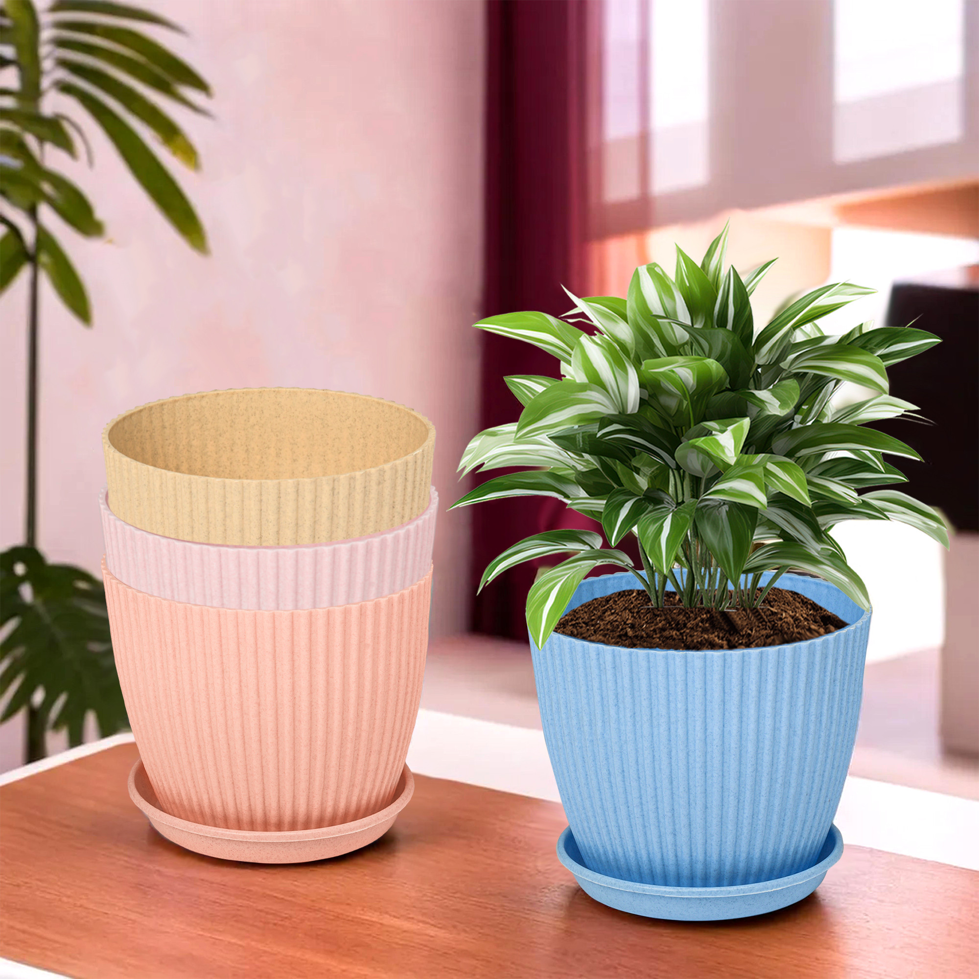 Kuber Industries Pack of 4 Flower Pot with Bottom Tray | Flower Pots for Home Plants | Planters for Home-Lawns & Garden | Flower Planter for Balcony | Marble Mega | 9 Inch | Multicolor