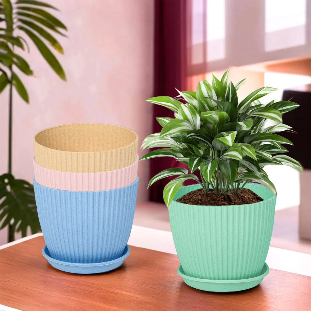 Kuber Industries Pack of 4 Flower Pot with Bottom Tray | Flower Pots for Home Plants | Planters for Home-Lawns &amp; Garden | Flower Planter for Balcony | Marble Mega | 9 Inch | Multicolor