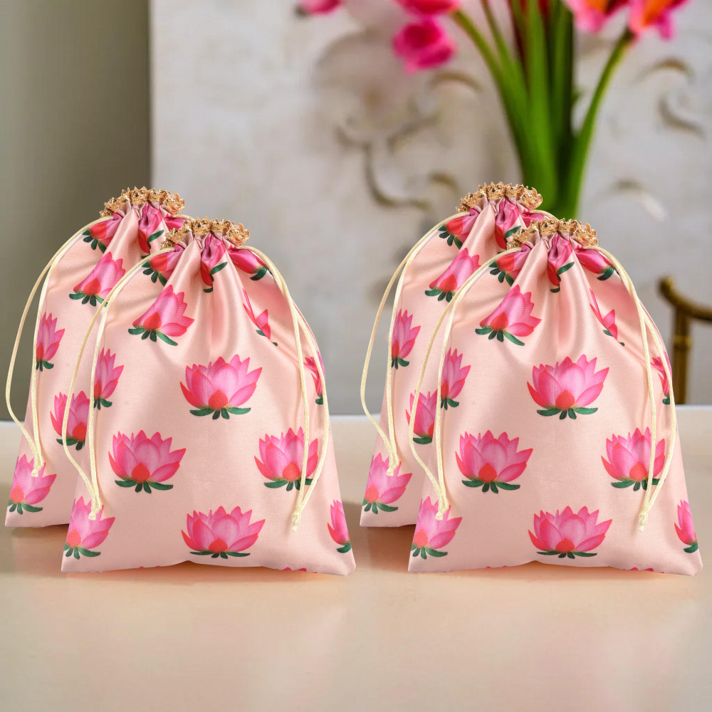 Image of Kuber Industries  Potli Bags | 7x | Potli Bags for Return Gifts | Wedding-Party Bags | Drawstring Closure Potli | Wallet Potli | Baby Shower Potli | Lotus Print | Cream