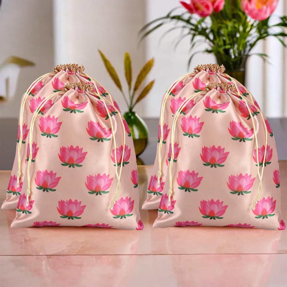 Image of Kuber Industries  Potli Bags | 9x | Potli Bags for Return Gifts | Wedding-Party Bags | Drawstring Closure Potli | Wallet Potli | Baby Shower Potli | Lotus Print | Cream
