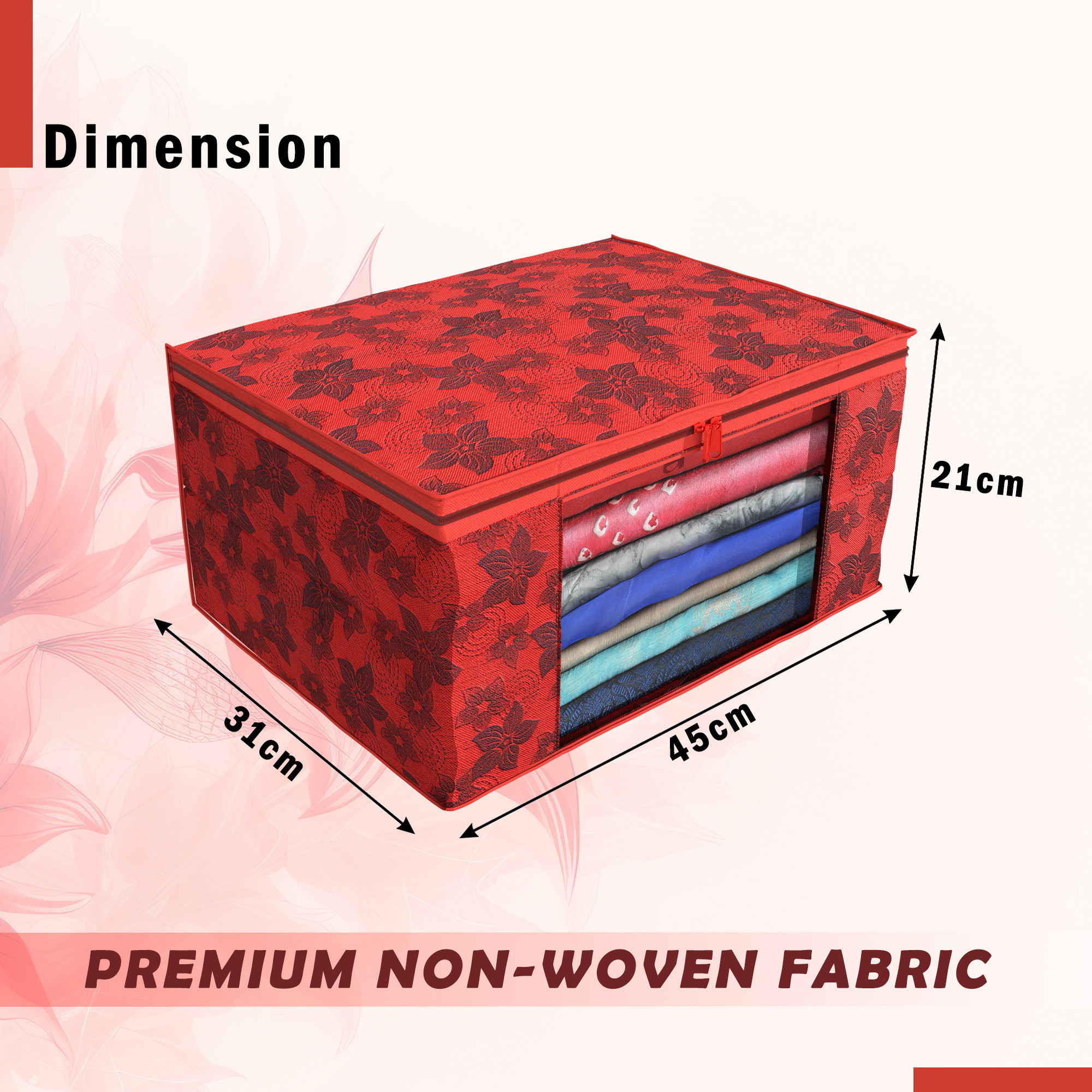Kuber Industries Pack of 4 Saree Covers  Non-Woven Saree Bags 9 Inch Clothes Bag for Women  Foldable Storage Bag for Almirah  Wardrobe New Flower Sari Cover Bags  Red