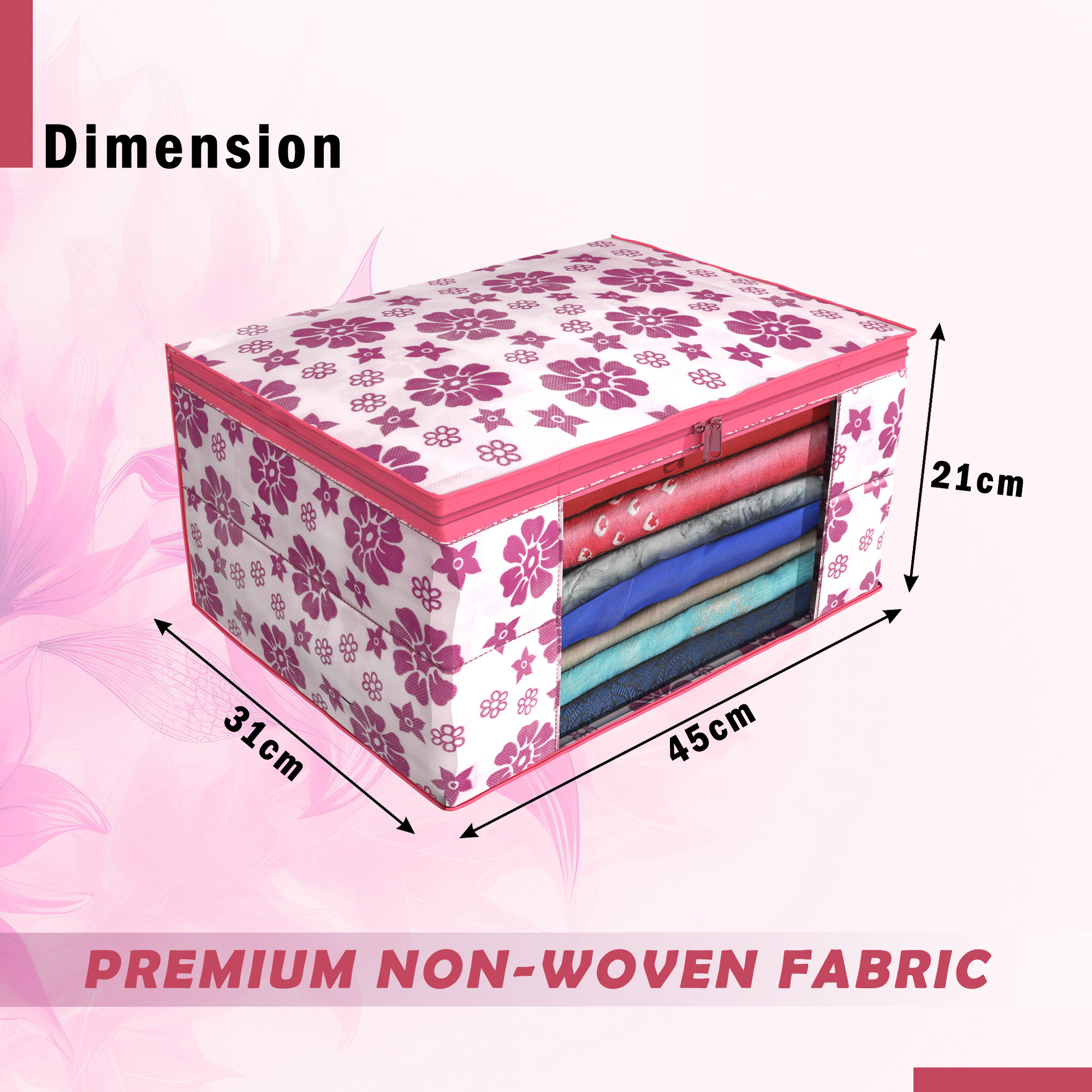 Kuber Industries Pack of 4 Saree Covers  Non-Woven Saree Bags 9 Inch Clothes Bag for Women  Foldable Storage Bag for Almirah  Wardrobe Flower Print Sari Cover Bags  Pink