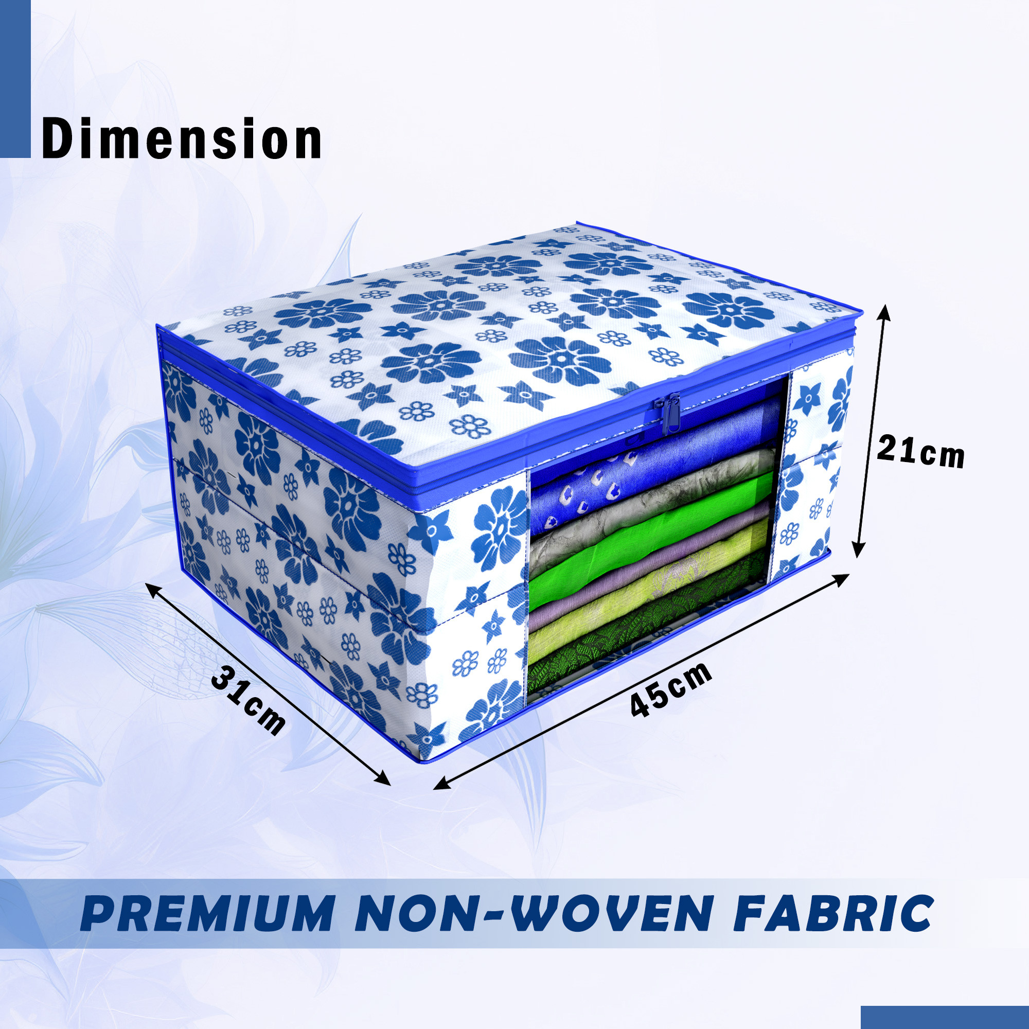 Kuber Industries Pack of 4 Saree Covers  Non-Woven Saree Bags 9 Inch Clothes Bag for Women  Foldable Storage Bag for Almirah  Wardrobe Flower Print Sari Cover Bags  Blue