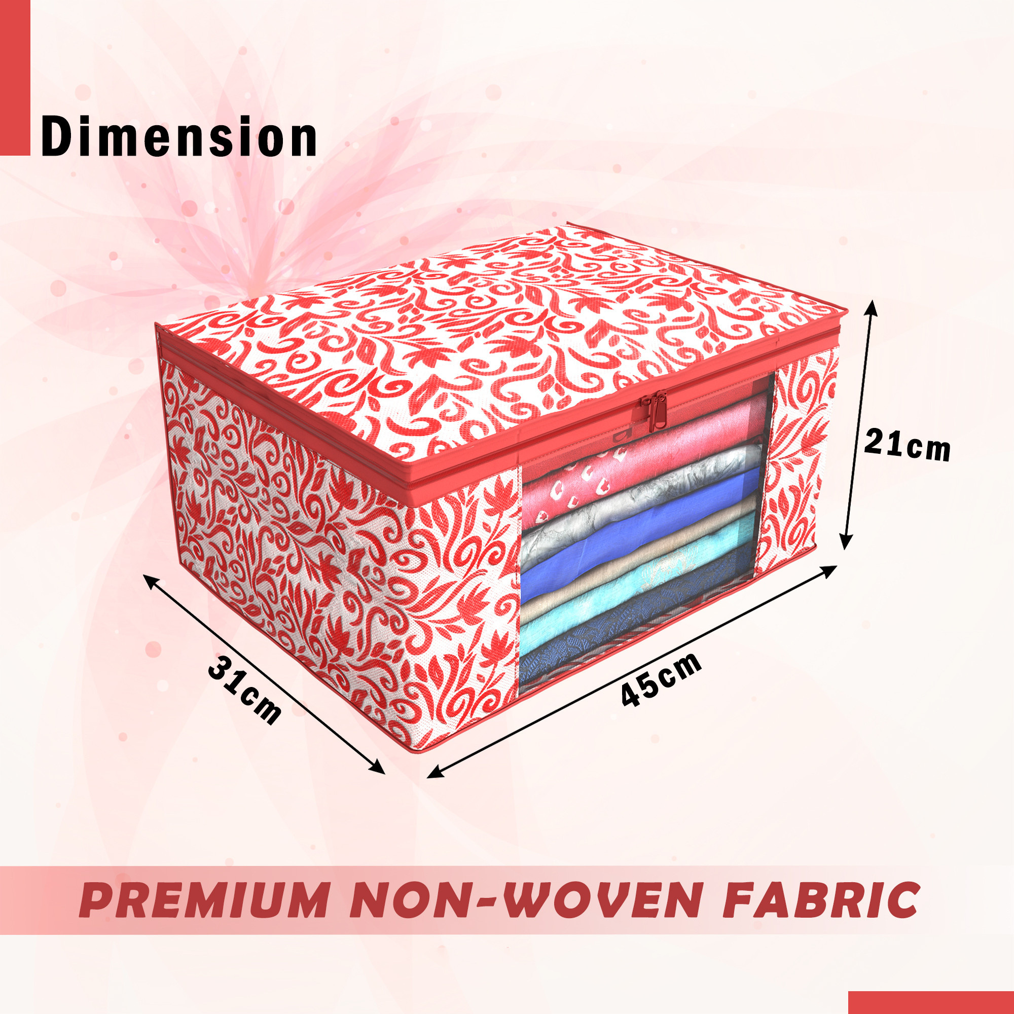 Kuber Industries Pack of 4 Saree Covers  Non-Woven Saree Bags 9 Inch Clothes Bag for Women  Foldable Storage Bag for Almirah  Wardrobe Leaf Print Sari Cover Bags  Red