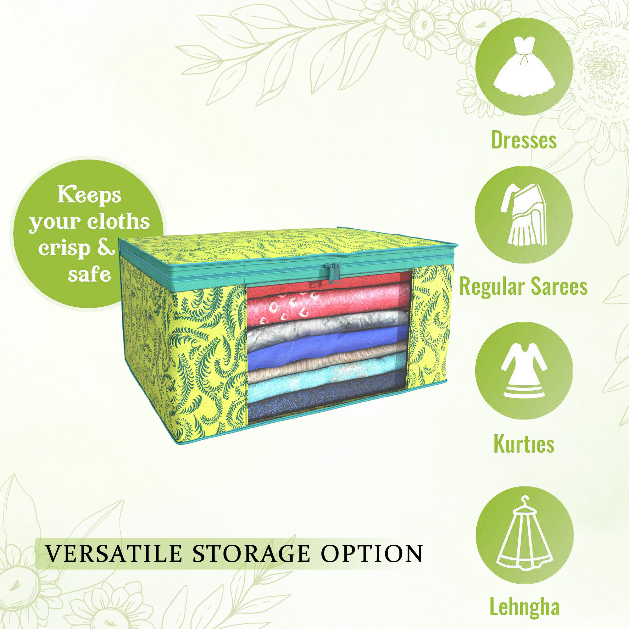 Kuber Industries Pack of 4 Saree Covers  Non-Woven Saree Bags 9 Inch Clothes Bag for Women  Foldable Storage Bag for Almirah  Wardrobe Leaf Printed Sari Cover Bags  Green