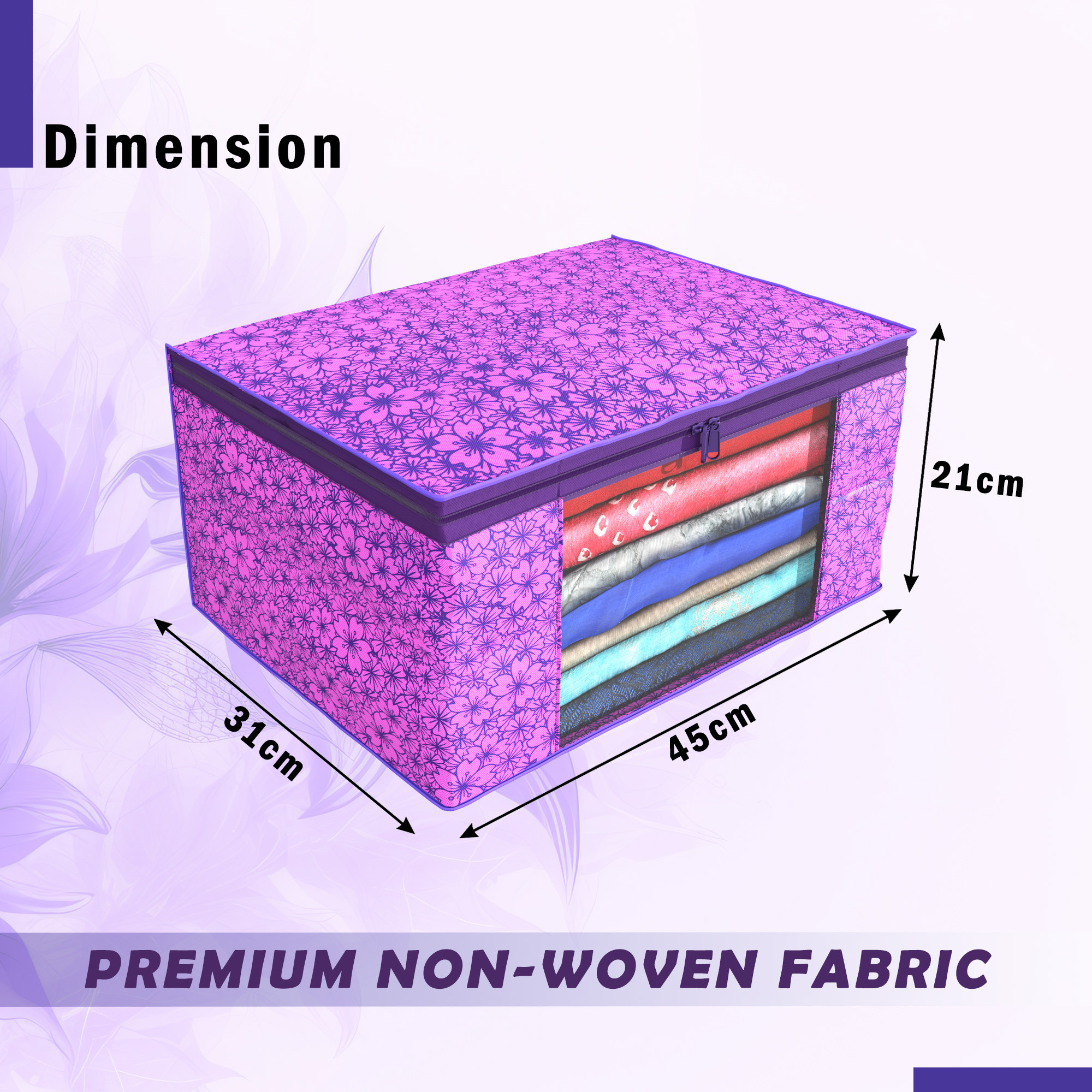 Kuber Industries Pack of 4 Saree Covers  Non-Woven Saree Bags 9 Inch Clothes Bag for Women  Foldable Storage Bag for Almirah  Wardrobe Flower Print Sari Cover Bags  Purple