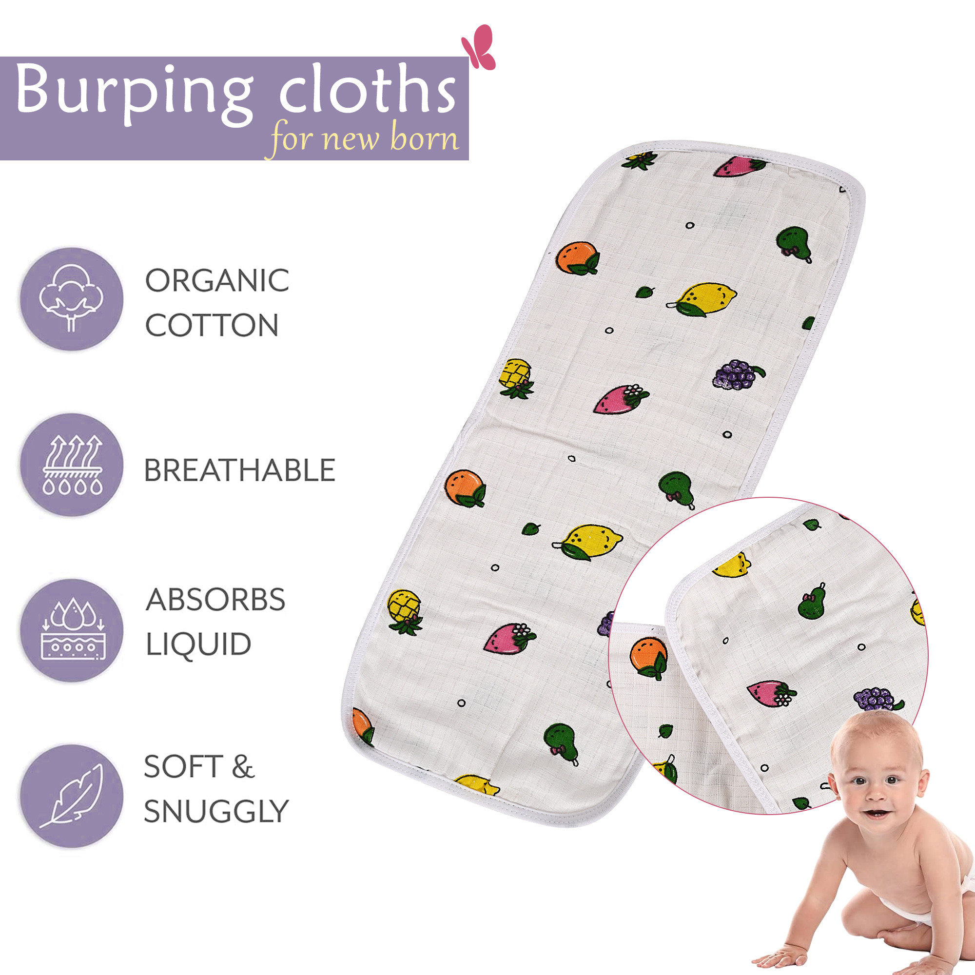 Kuber Industries Pack of 4 Soft  Washable Cotton Burp Cloth for New Born Baby  Reusable Napkins  Burp Hanky for Kids  46x17cm  Printed - White