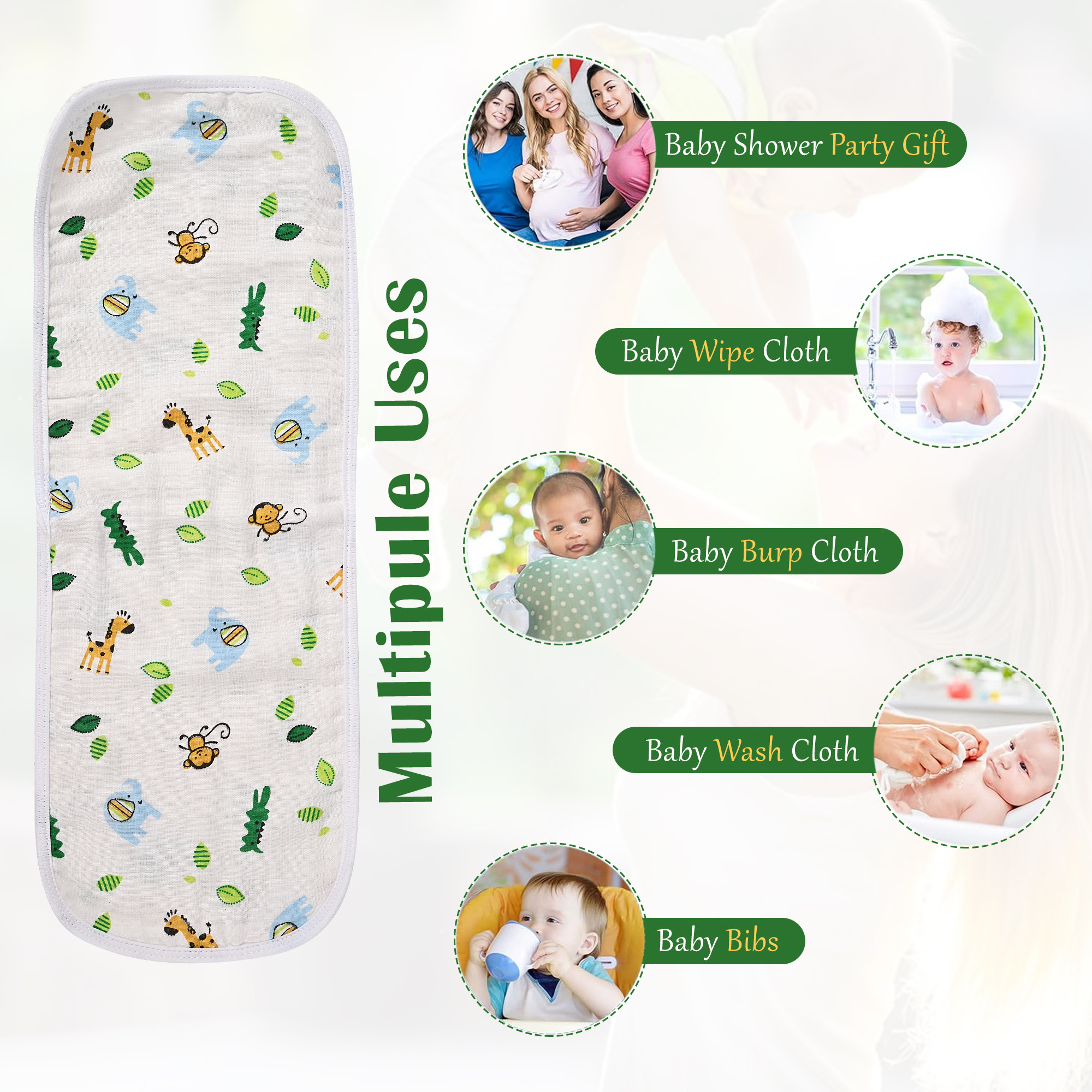 Kuber Industries Pack of 4 Soft  Washable Cotton Burp Cloth for New Born Baby  Reusable Napkins  Burp Hanky for Kids  46x17cm  Printed - White