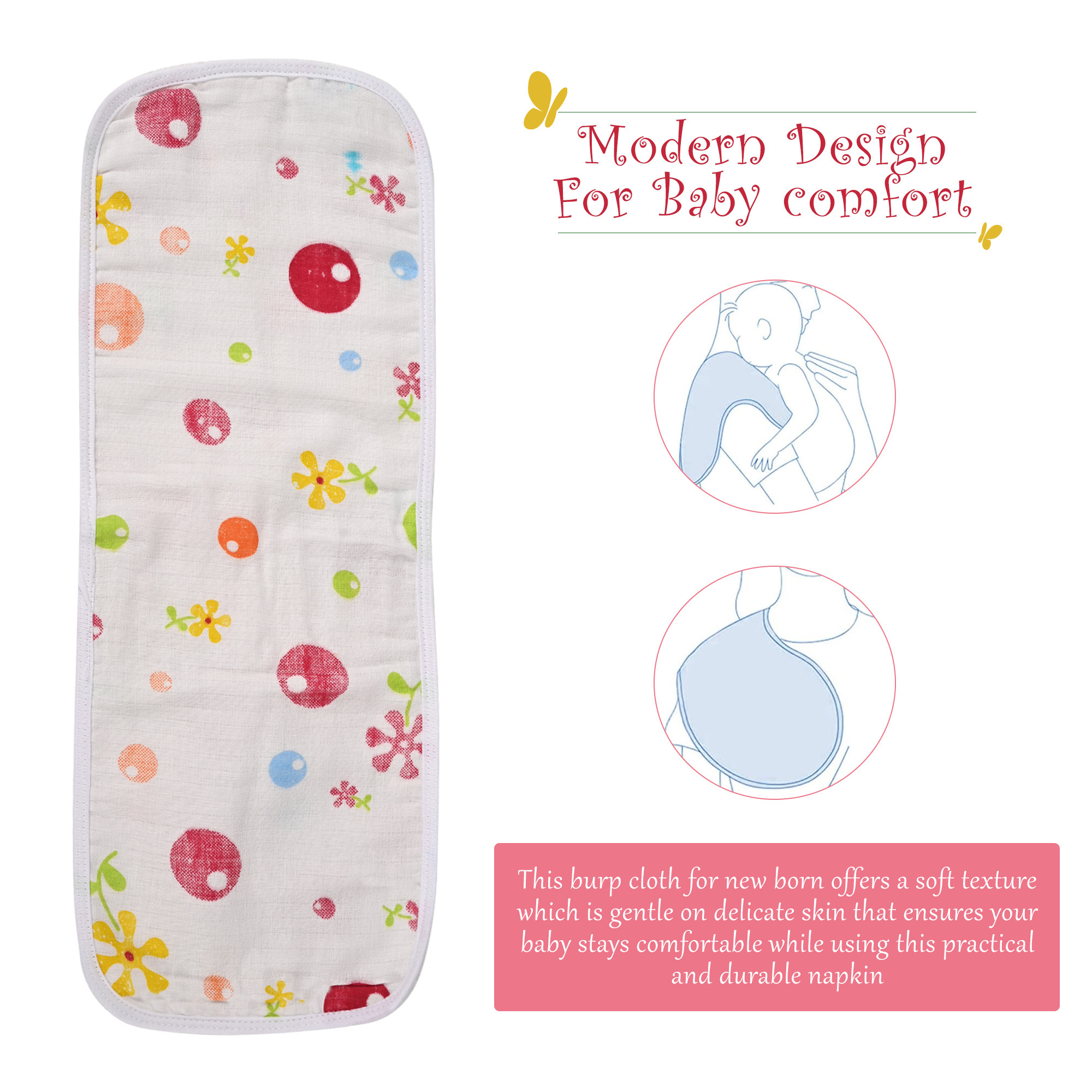 Kuber Industries Pack of 4 Soft  Washable Cotton Burp Cloth for New Born Baby  Reusable Napkins  Burp Hanky for Kids  46x17cm  Printed - White