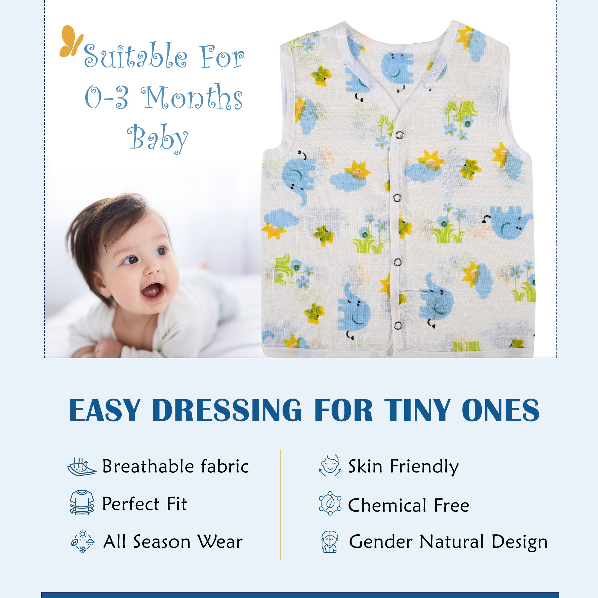Kuber Industries Pack of 5 Cotton Tees Jhablas for New Born Baby 0-3 Months  Front Open Clothes With Snap Buttons  Cut Sleeves-Large  White