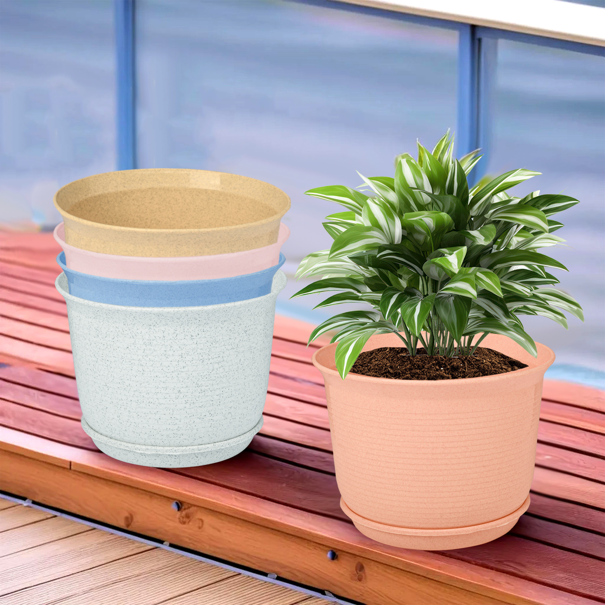 Kuber Industries Pack of 5 Flower Pot with Bottom Tray | Flower Pot for Living Room | Planters for Home-Lawns & Gardening | Flower Planter for Balcony | Marble Sawera | 10 Inch | Multicolor