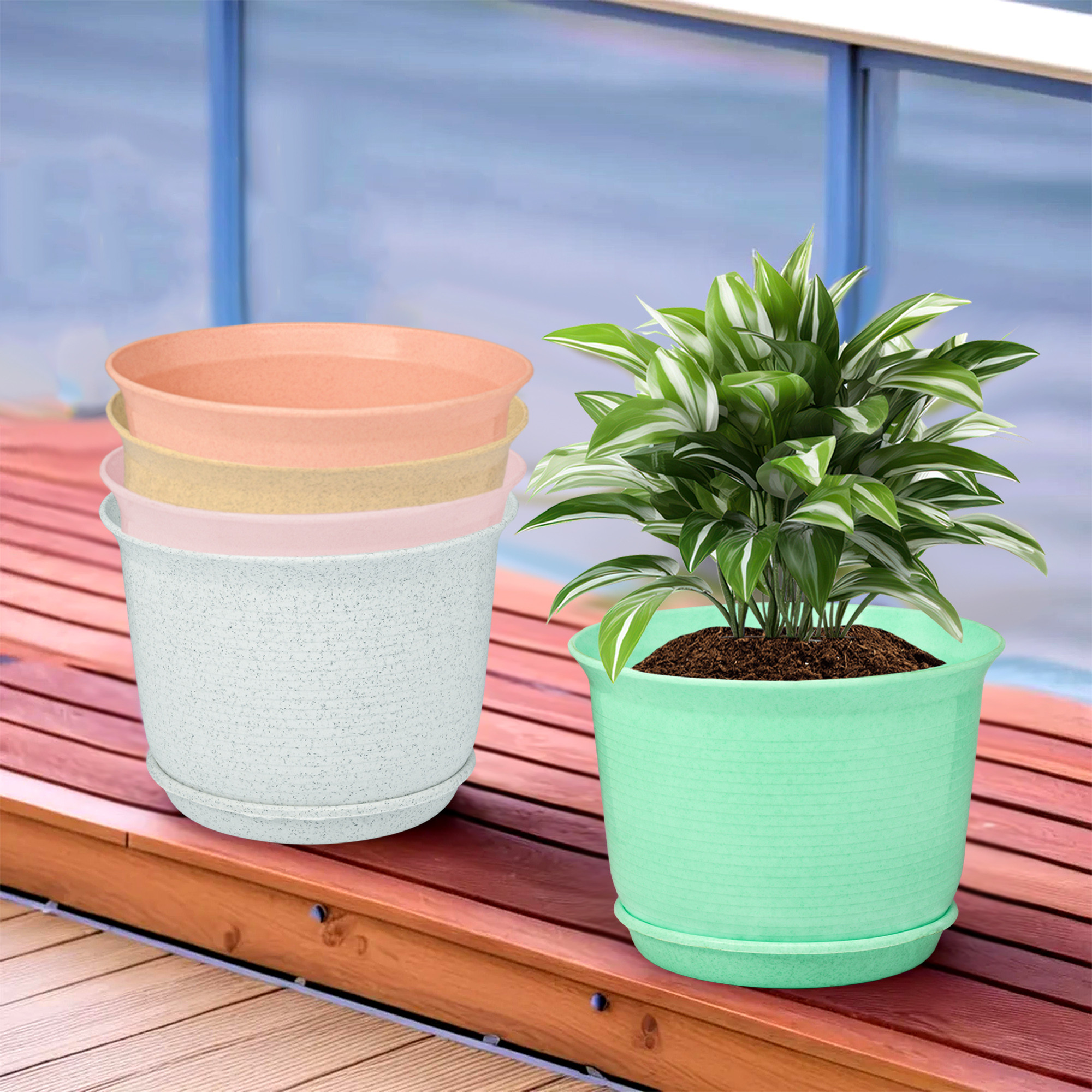 Kuber Industries Pack of 5 Flower Pot with Bottom Tray  Flower Pots for Home Plants  Planters for Home-Lawns  Gardening  Flower Planter for Balcony  Marble Sawera  10 Inch  Multicolor