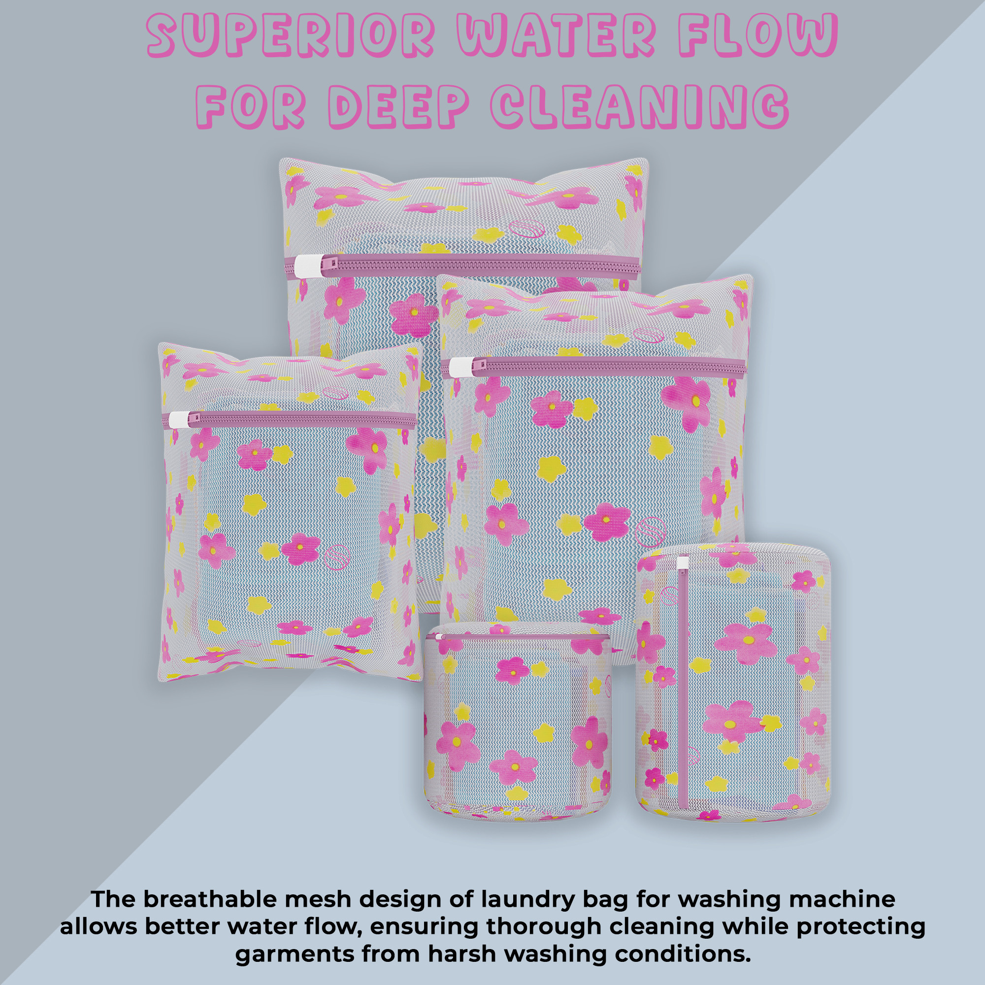 Kuber Industries Pack of 5 Polyester Mesh Laundry Bag with Zip  Reusable Washing Bags for Washing Machine  Ideal for Lingerie Delicate Fabrics  Shoe Protection  YZ-1-4  Sunflower Design - Pink