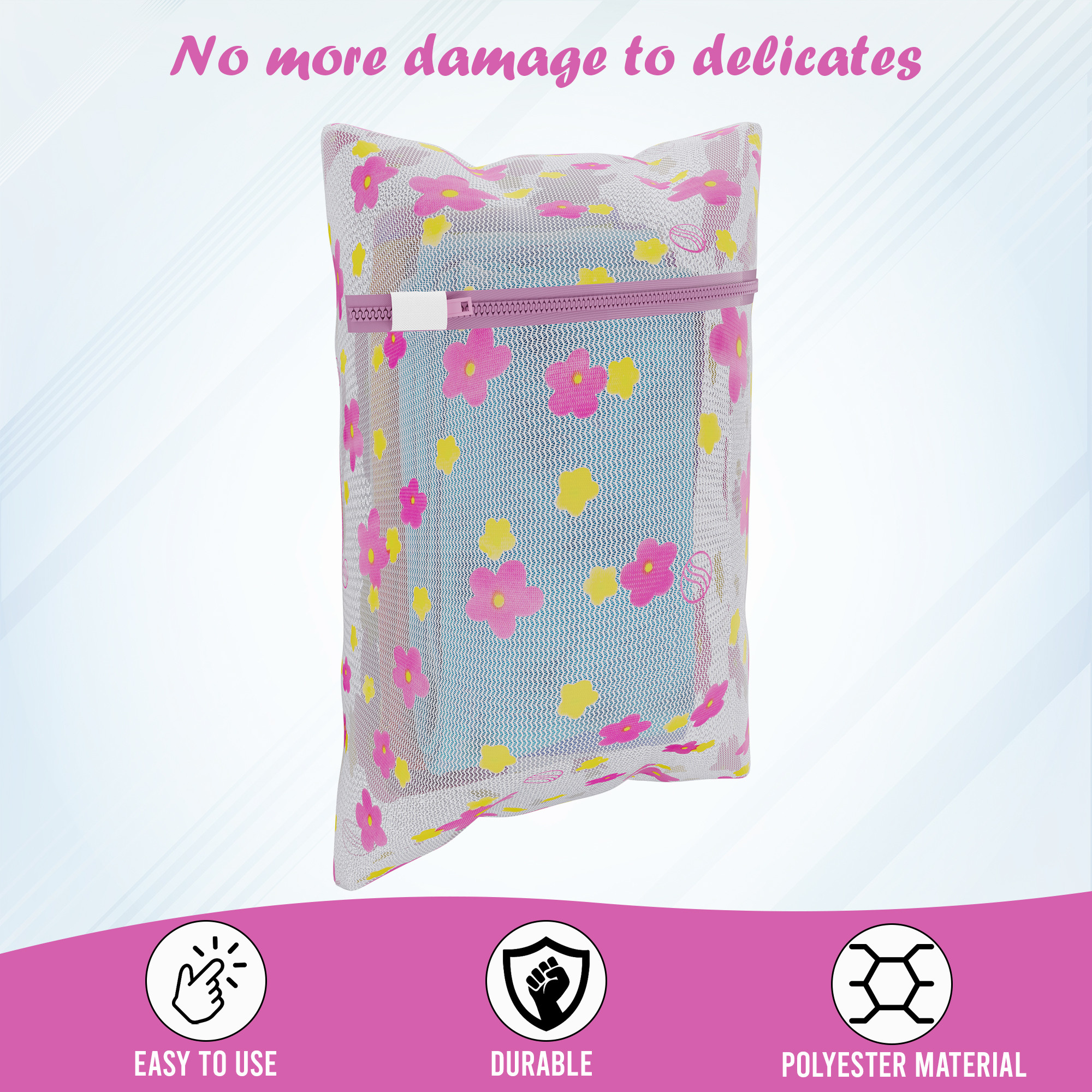 Kuber Industries Pack of 5 Polyester Mesh Laundry Bag with Zip  Reusable Washing Bags for Washing Machine  Ideal for Lingerie Delicate Fabrics  Shoe Protection  YZ-1-4  Sunflower Design - Pink