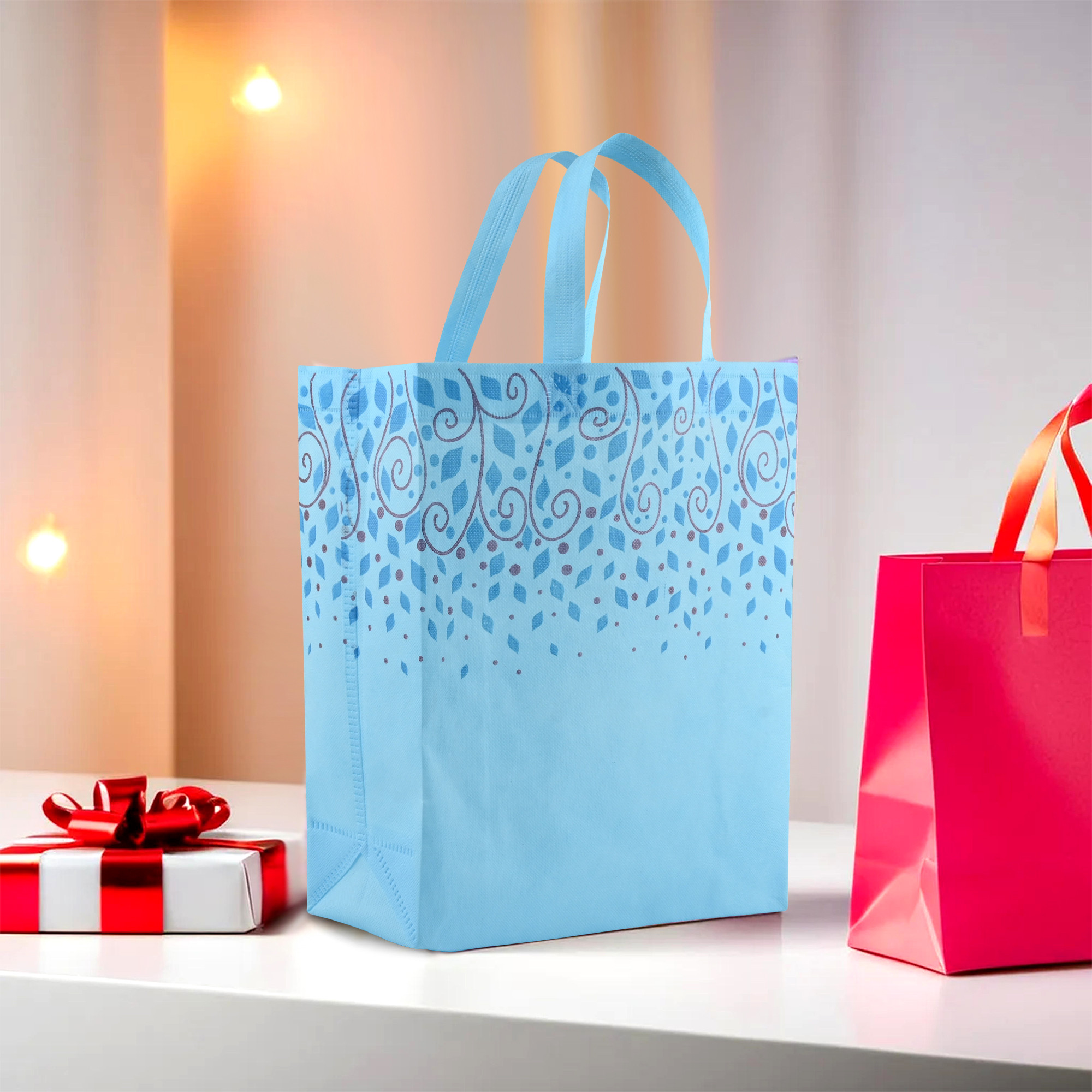 Kuber Industries Pack of 5 Shopping Bags  Non-Woven Grocery Handbags  Reusable Shopping Bags for Grocery-Vegetables  Multi-Purpose Shopping Bags  Top Leaf Carry Bags  Large  Sky Blue