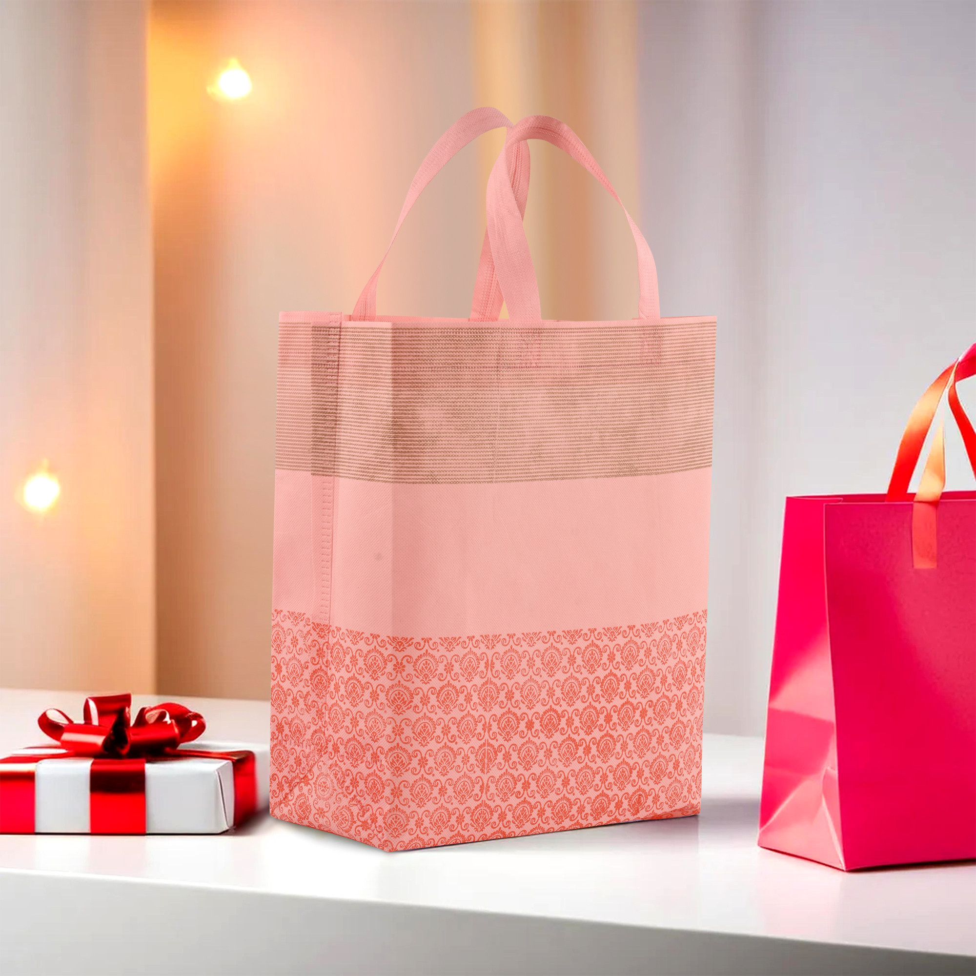 Kuber Industries Pack of 5 Shopping Bags  Non-Woven Grocery Handbags  Reusable Shopping Bags for Grocery-Vegetables  Multi-Purpose Shopping Bags  Half-Print Carry Bags  Large  Orange