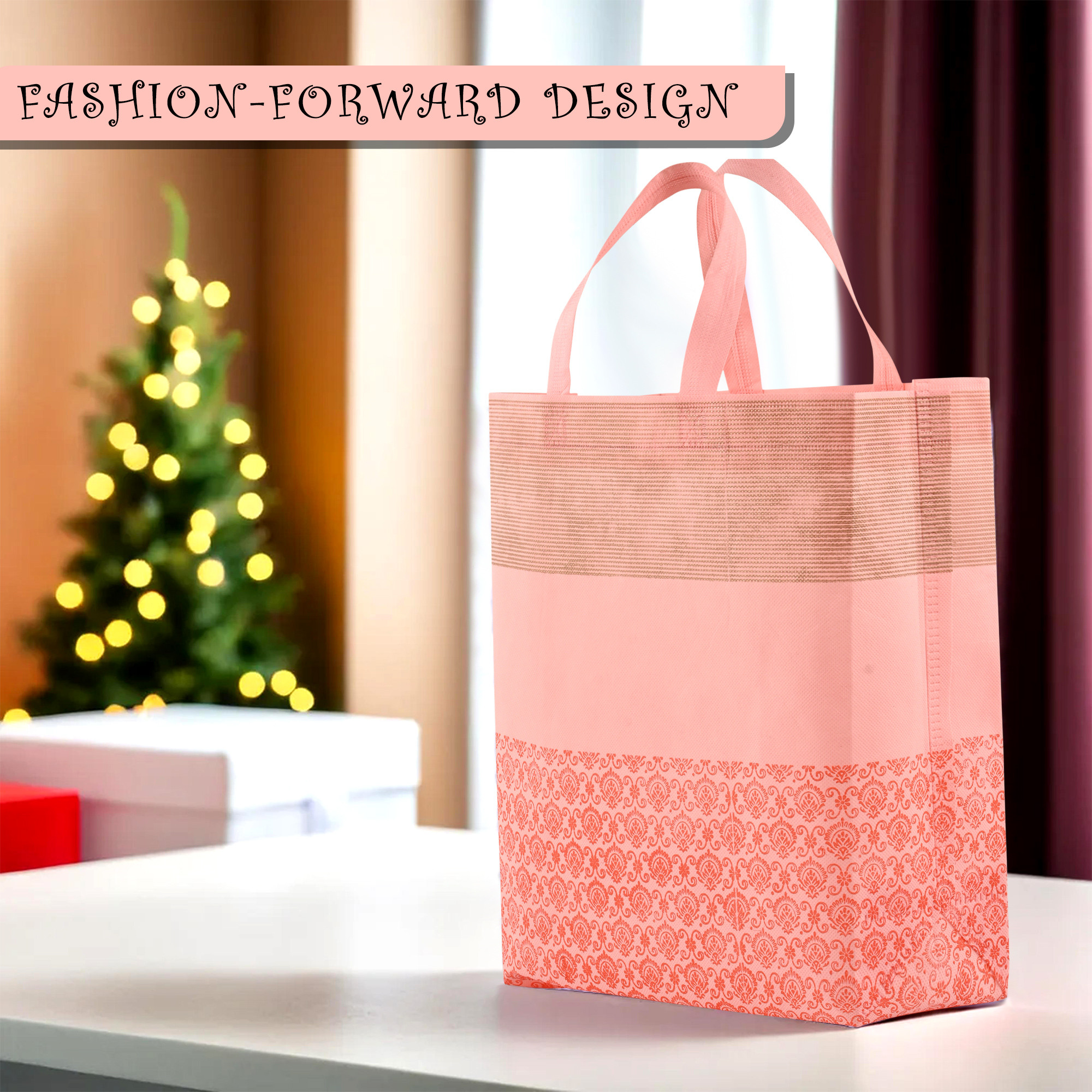 Kuber Industries Pack of 5 Shopping Bags  Non-Woven Grocery Handbags  Reusable Shopping Bags for Grocery-Vegetables  Multi-Purpose Shopping Bags  Half-Print Carry Bags  Large  Orange