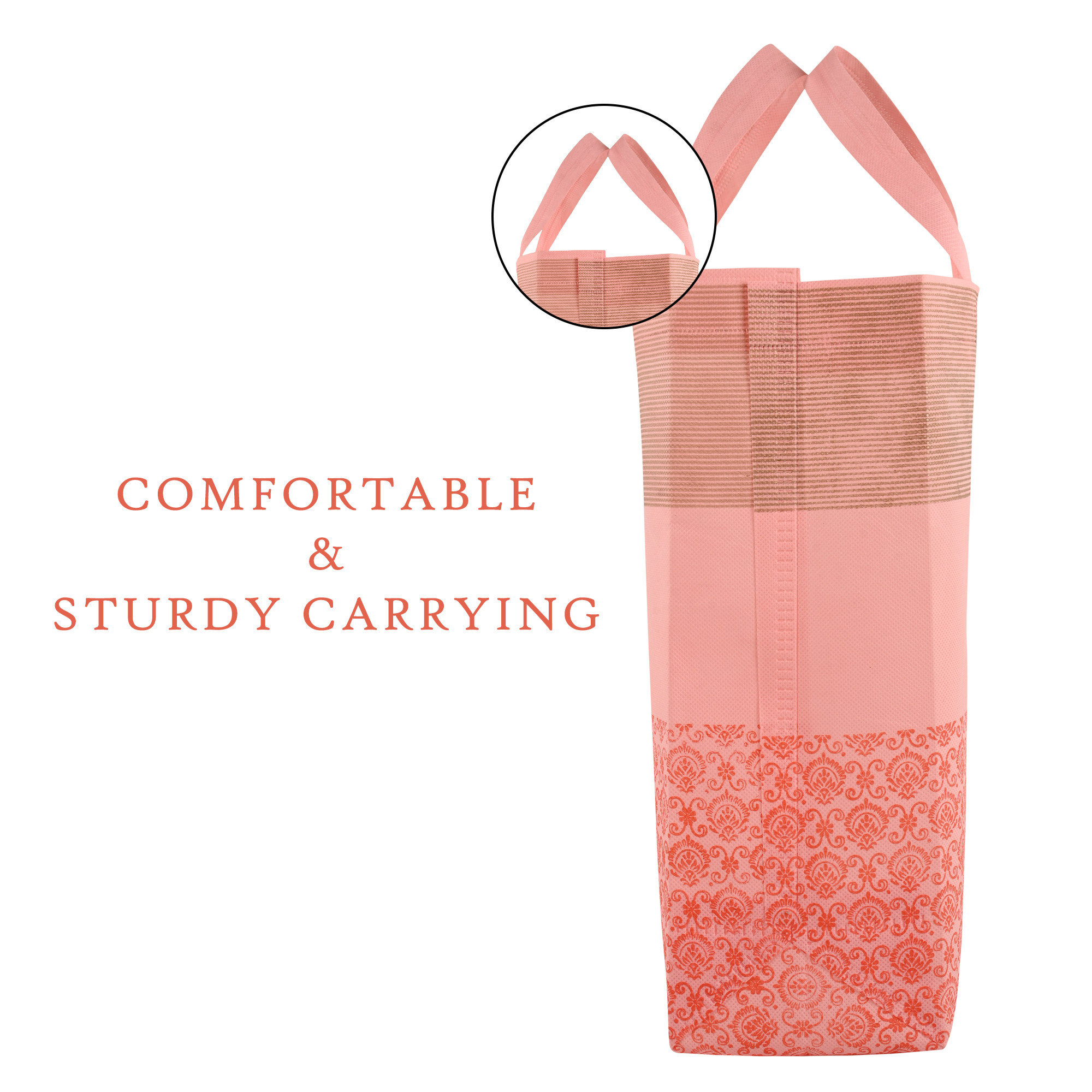 Kuber Industries Pack of 5 Shopping Bags  Non-Woven Grocery Handbags  Reusable Shopping Bags for Grocery-Vegetables  Multi-Purpose Shopping Bags  Half-Print Carry Bags  Large  Orange