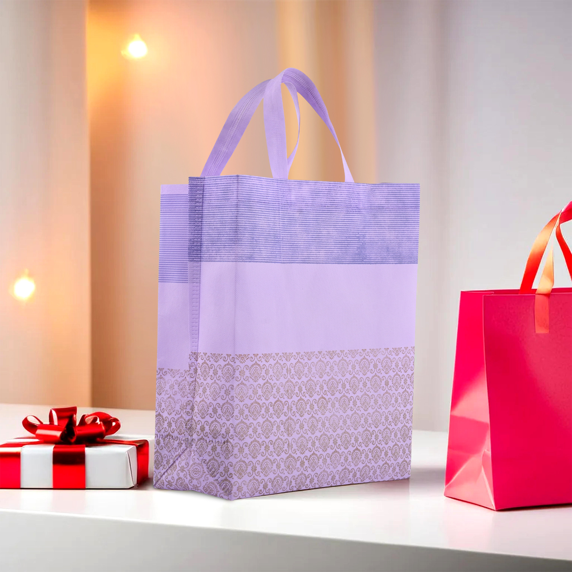 Kuber Industries Pack of 5 Shopping Bags  Non-Woven Grocery Handbags  Reusable Shopping Bags for Grocery-Vegetables  Multi-Purpose Shopping Bags  Half-Print Carry Bags  Large  Purple