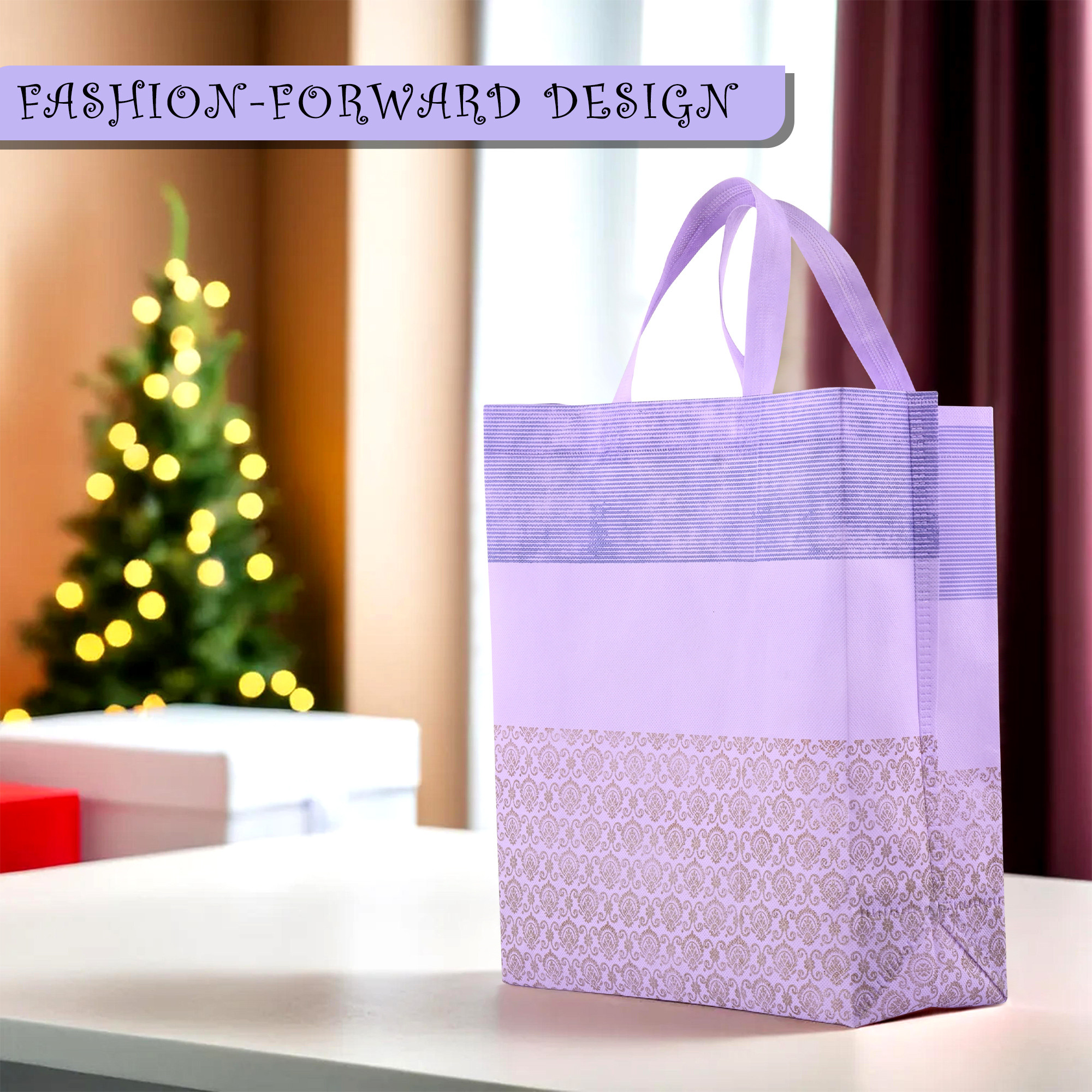 Kuber Industries Pack of 5 Shopping Bags  Non-Woven Grocery Handbags  Reusable Shopping Bags for Grocery-Vegetables  Multi-Purpose Shopping Bags  Half-Print Carry Bags  Large  Purple