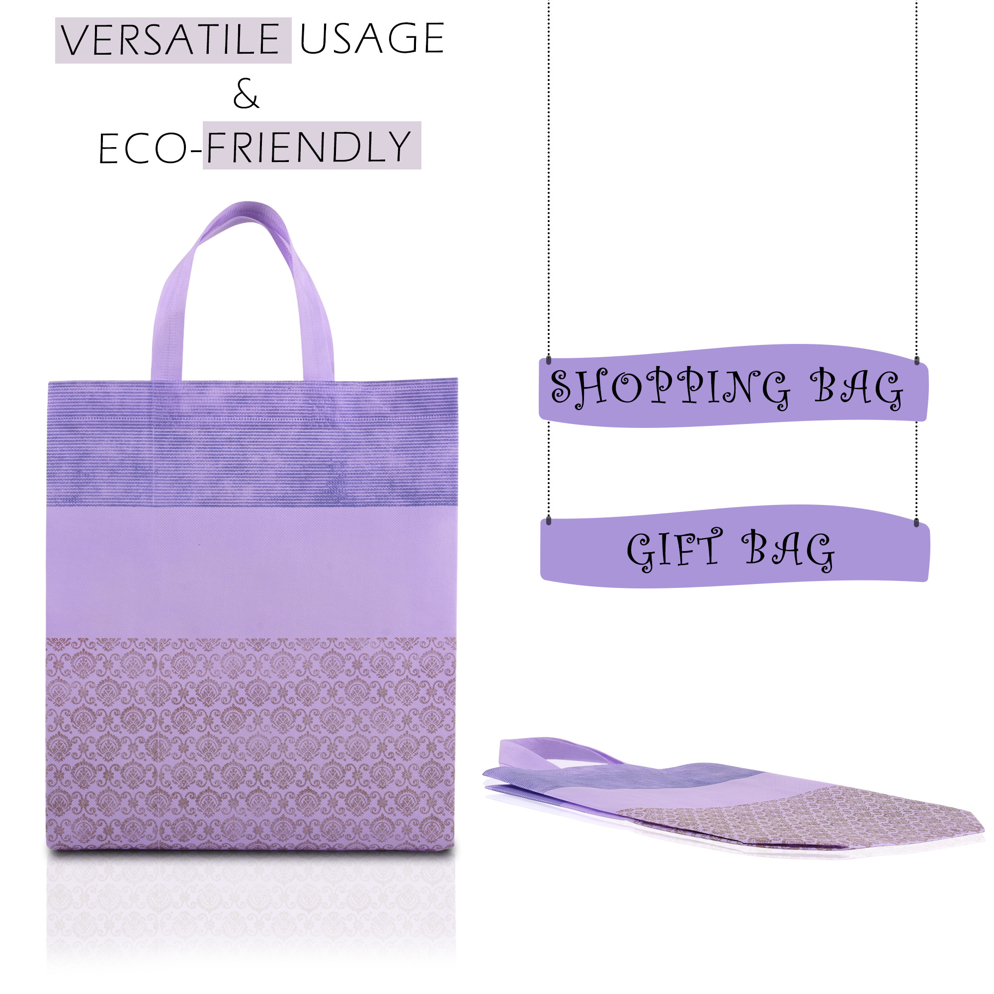 Kuber Industries Pack of 5 Shopping Bags  Non-Woven Grocery Handbags  Reusable Shopping Bags for Grocery-Vegetables  Multi-Purpose Shopping Bags  Half-Print Carry Bags  Large  Purple