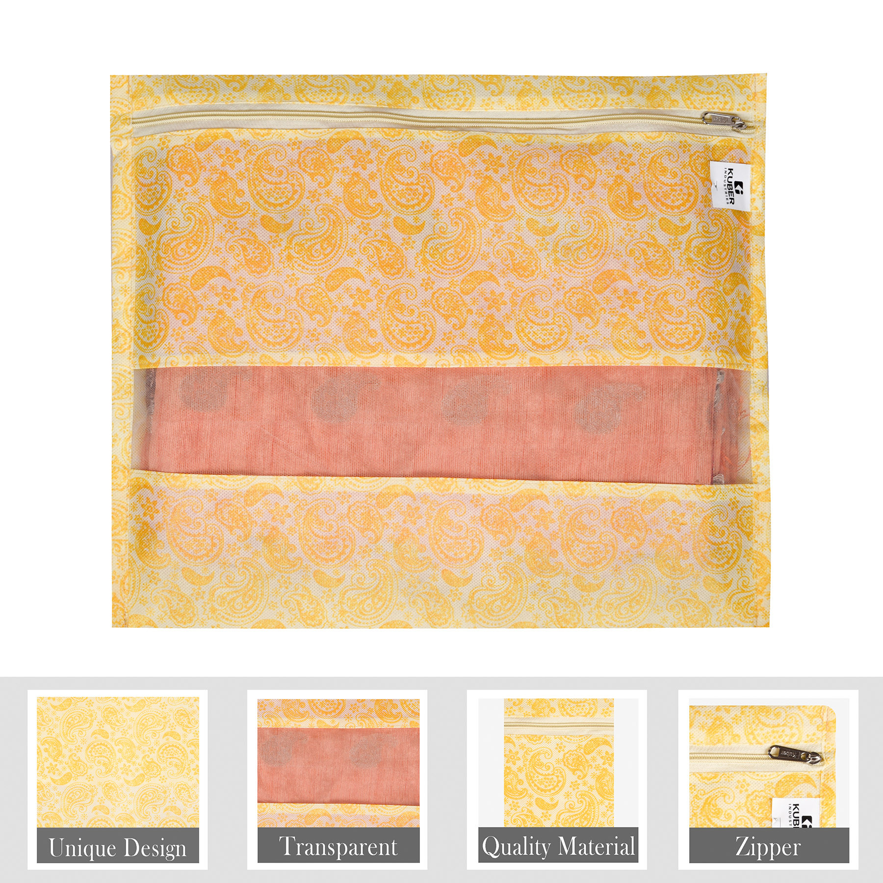 Kuber Industries Pack of 5 Single Saree Bags  Clothes Bags for Storage  Non-Woven Wardrobe Organizer  Mesh Window Cloth Storage Bags Set  Single Packing Saree Bags  Carry-Print  Yellow