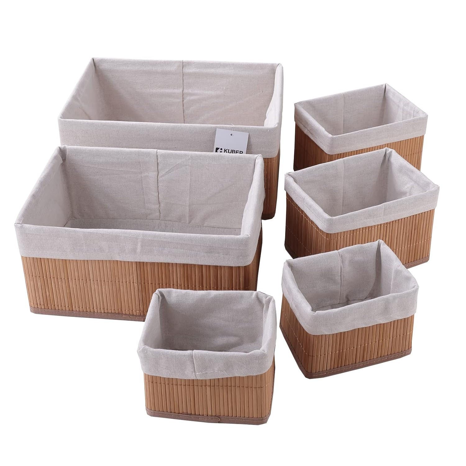 Kuber Industries Pack of 6 Bamboo Storage Basket With Liner|Fodable Storage Organizer|Box For Cloth, Toiletry, Bathroom|Capacity 14.9L, 10.5L, 3.5L, 1.9L|Natural|