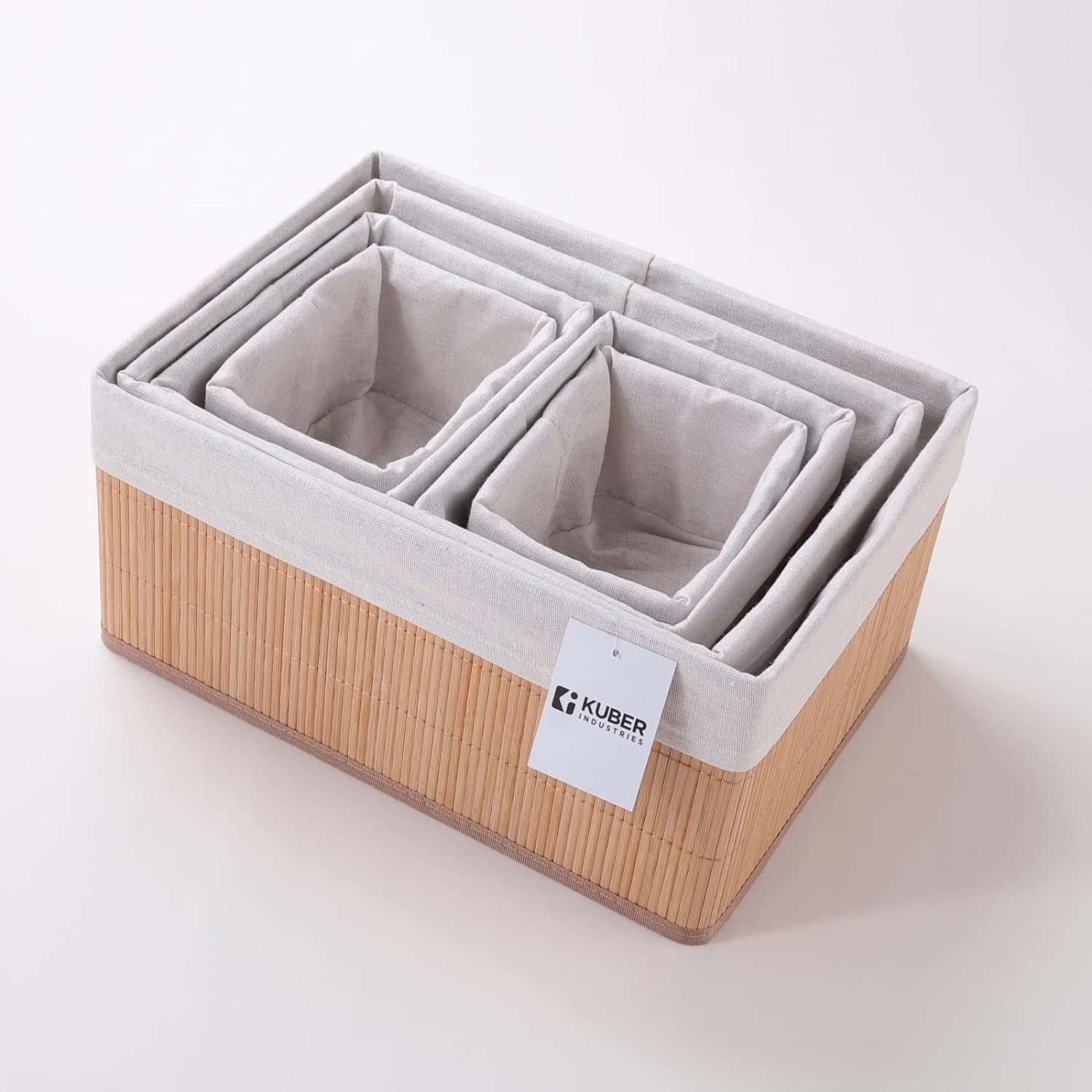 Kuber Industries Pack of 6 Bamboo Storage Basket With Liner|Fodable Storage Organizer|Box For Cloth, Toiletry, Bathroom|Capacity 14.9L, 10.5L, 3.5L, 1.9L|Natural|
