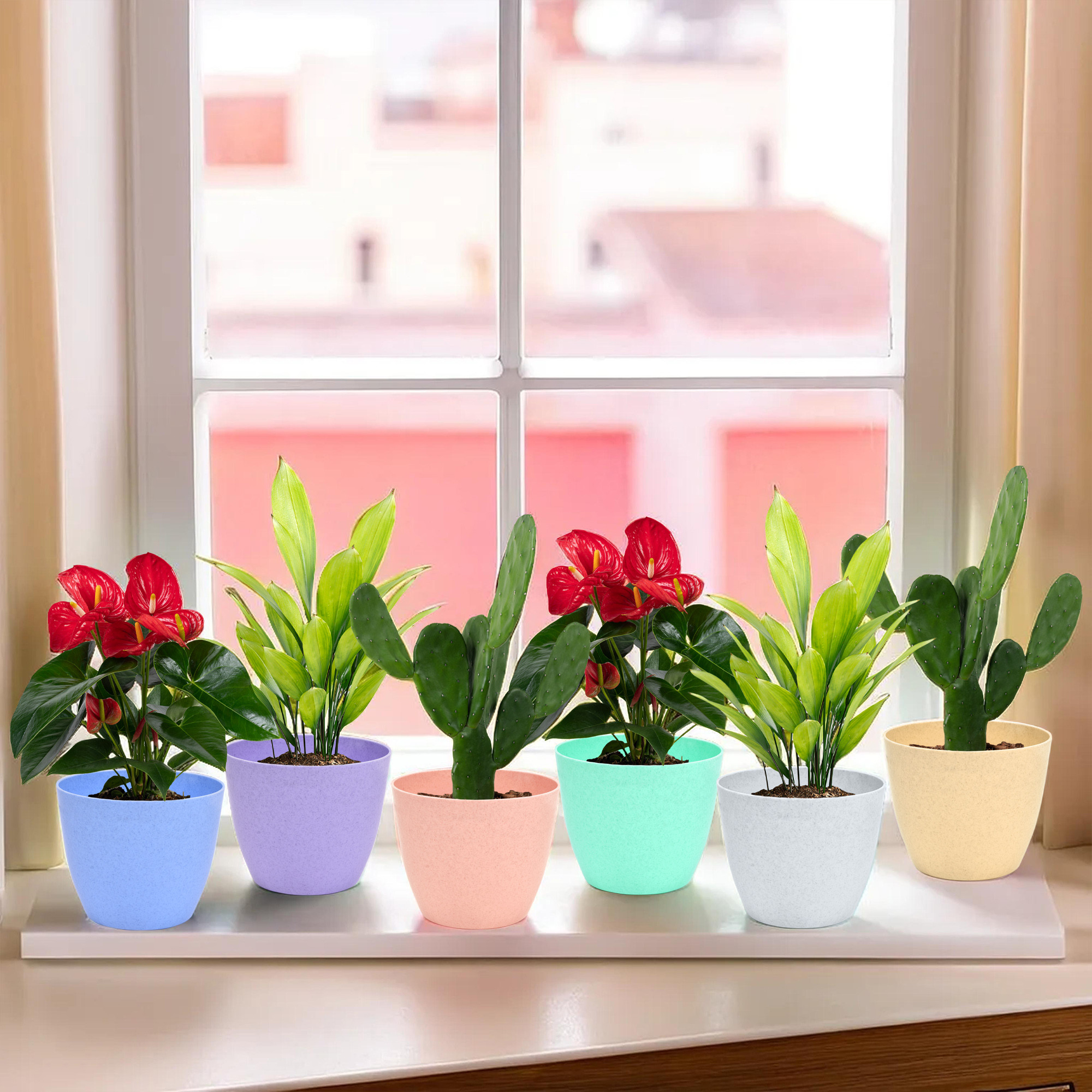 Kuber Industries Pack of 6 Flower Pot | Flower Pot for Living Room-Office | Flower Planters for Home-office-Lawns & Garden Décor | Flower Pots for Balcony | Marble Cool | 5 Inch | Multicolor