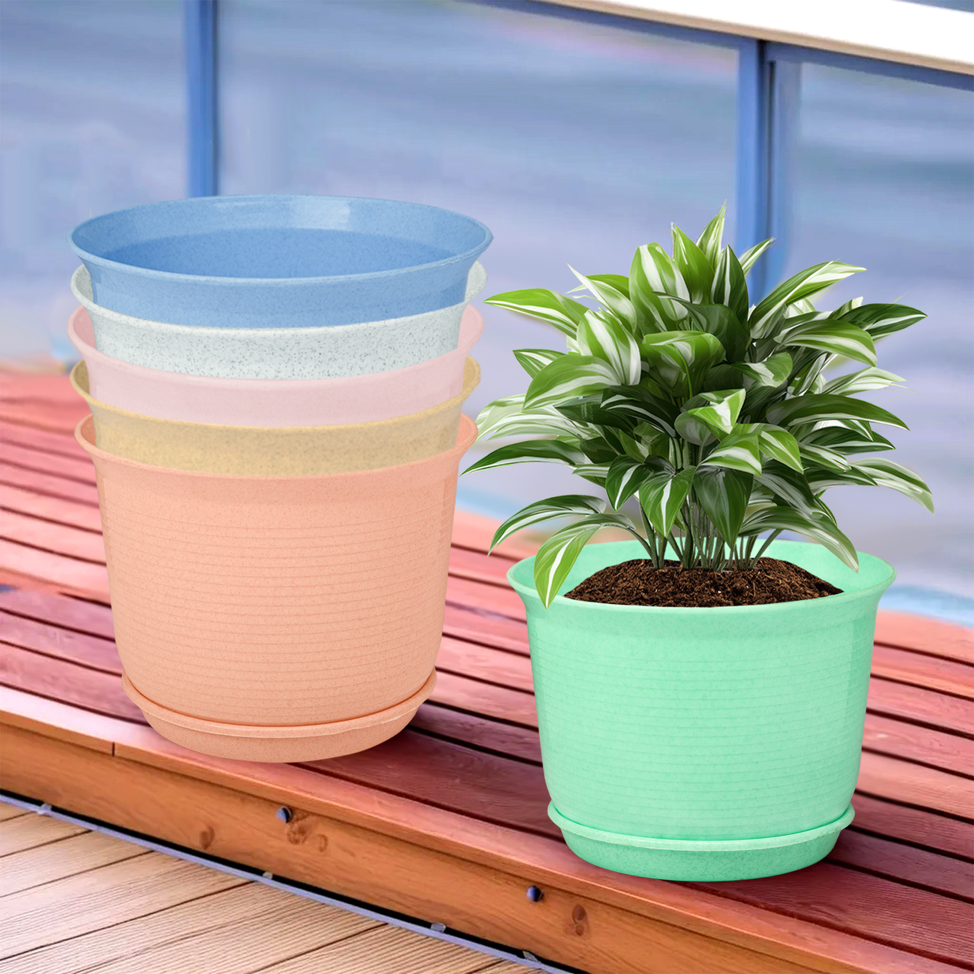 Kuber Industries Pack of 6 Flower Pot with Bottom Tray | Flower Pot for Living Room | Planters for Home-Lawns & Gardening | Flower Planter for Balcony | Marble Sawera | 10 Inch | Multicolor