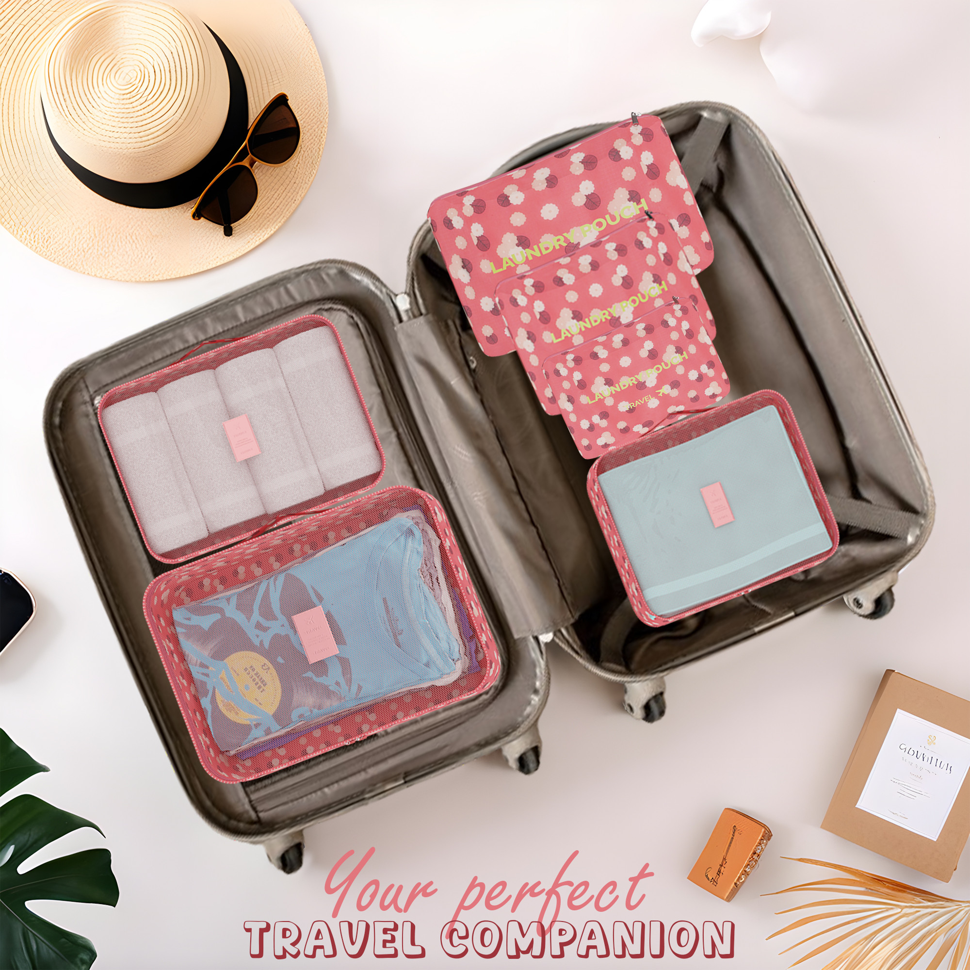 Kuber Industries Pack of 6 Foldable Travel Pouches for Women  Men with Zip  Multi-Size Luggage Organiser Bag for Travel  Packing Cube for ClothesShoesToiletries  YJ-35-RD  Floral -  Red