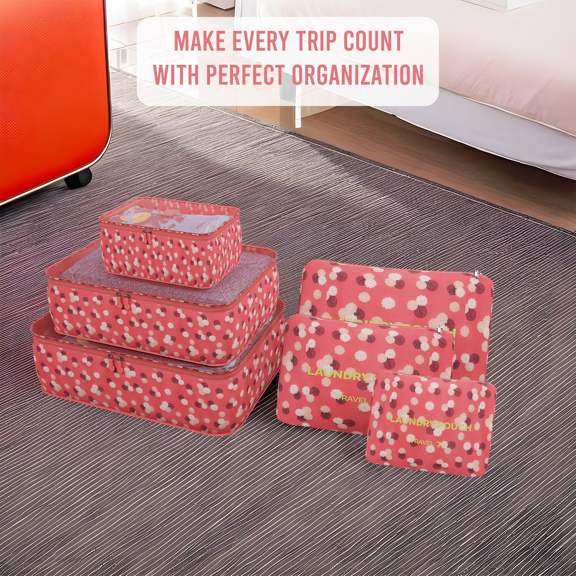Kuber Industries Pack of 6 Foldable Travel Pouches for Women  Men with Zip  Multi-Size Luggage Organiser Bag for Travel  Packing Cube for ClothesShoesToiletries  YJ-35-RD  Floral -  Red