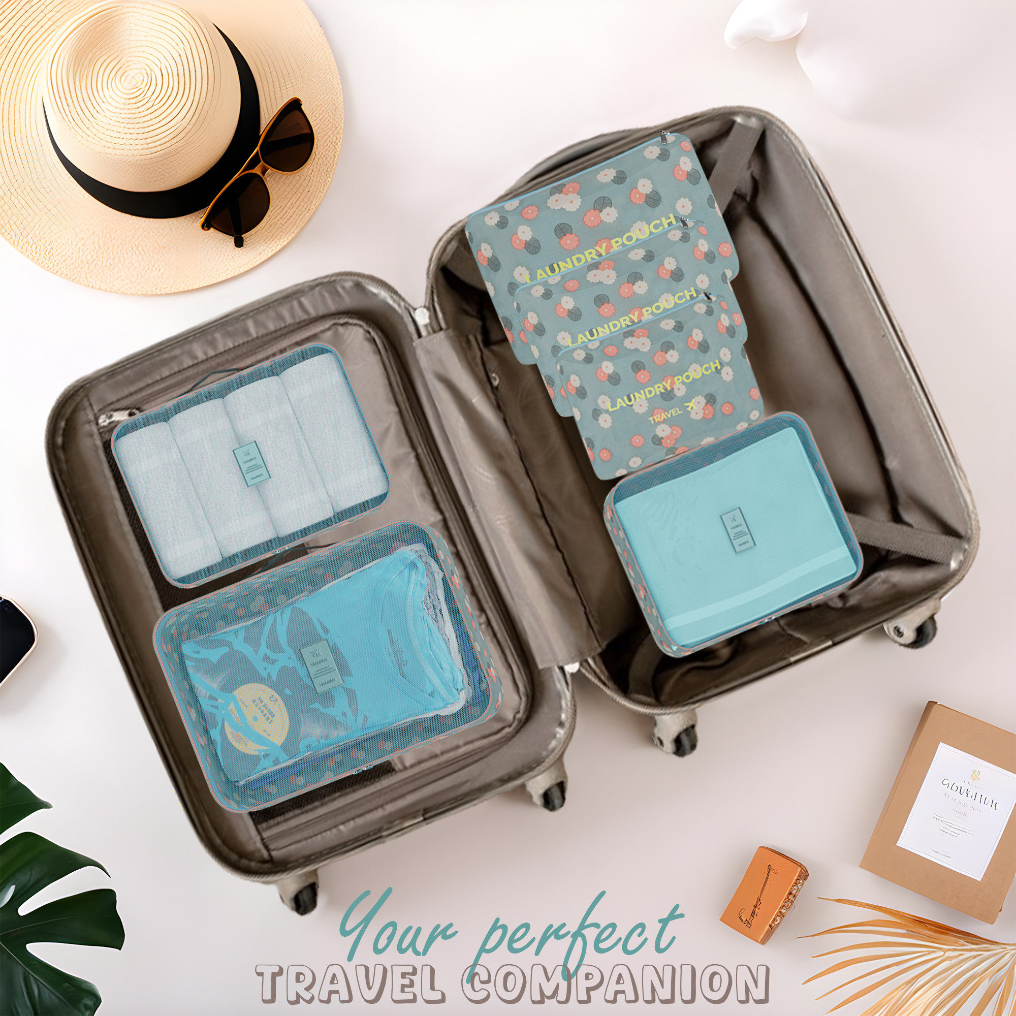 Kuber Industries Pack of 6 Foldable Travel Pouches for Women  Men with Zip  Multi-Size Luggage Organiser Bag for Travel  Packing Cube for ClothesShoesToiletries  YJ-35-BLU  Floral -  Blue