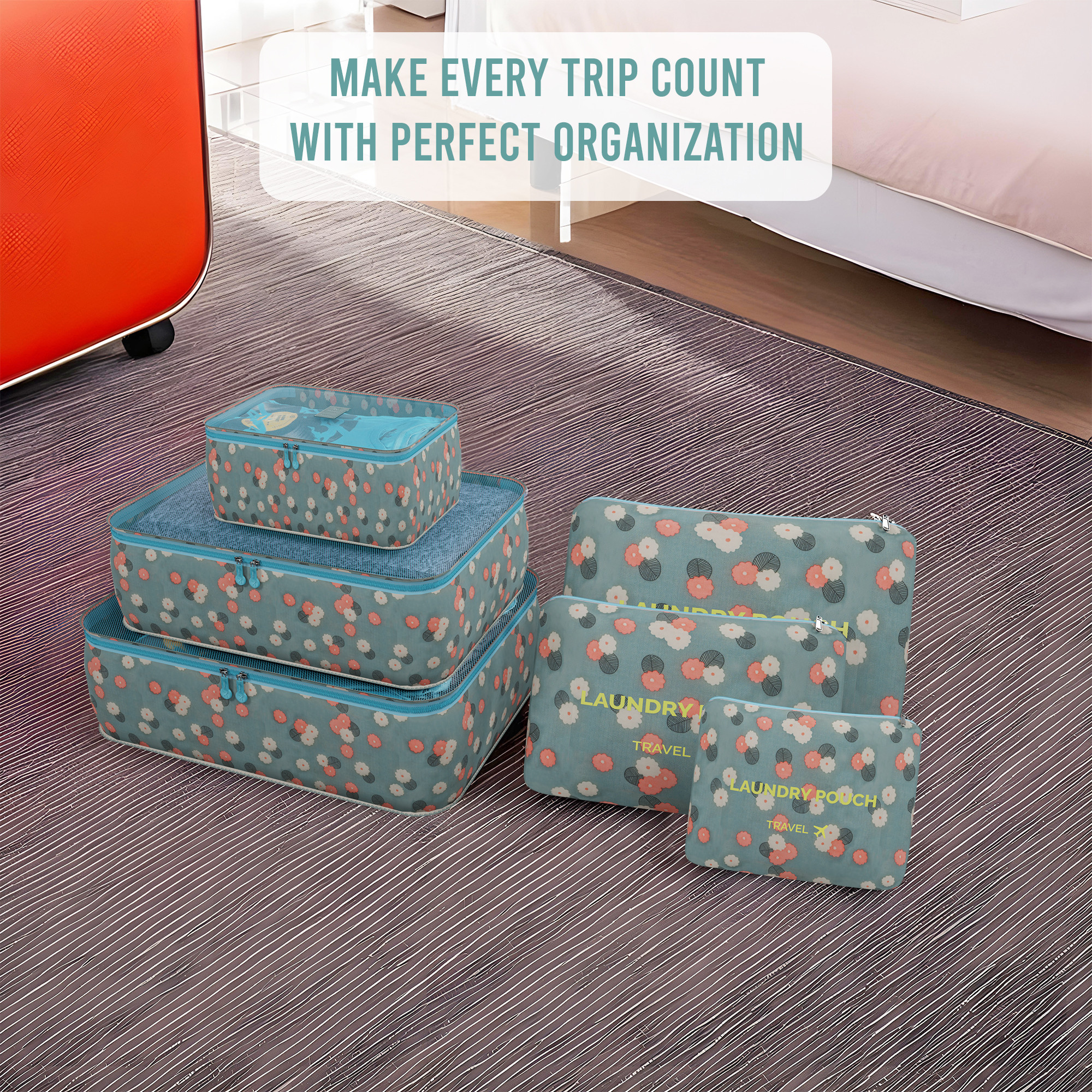 Kuber Industries Pack of 6 Foldable Travel Pouches for Women  Men with Zip  Multi-Size Luggage Organiser Bag for Travel  Packing Cube for ClothesShoesToiletries  YJ-35-BLU  Floral -  Blue