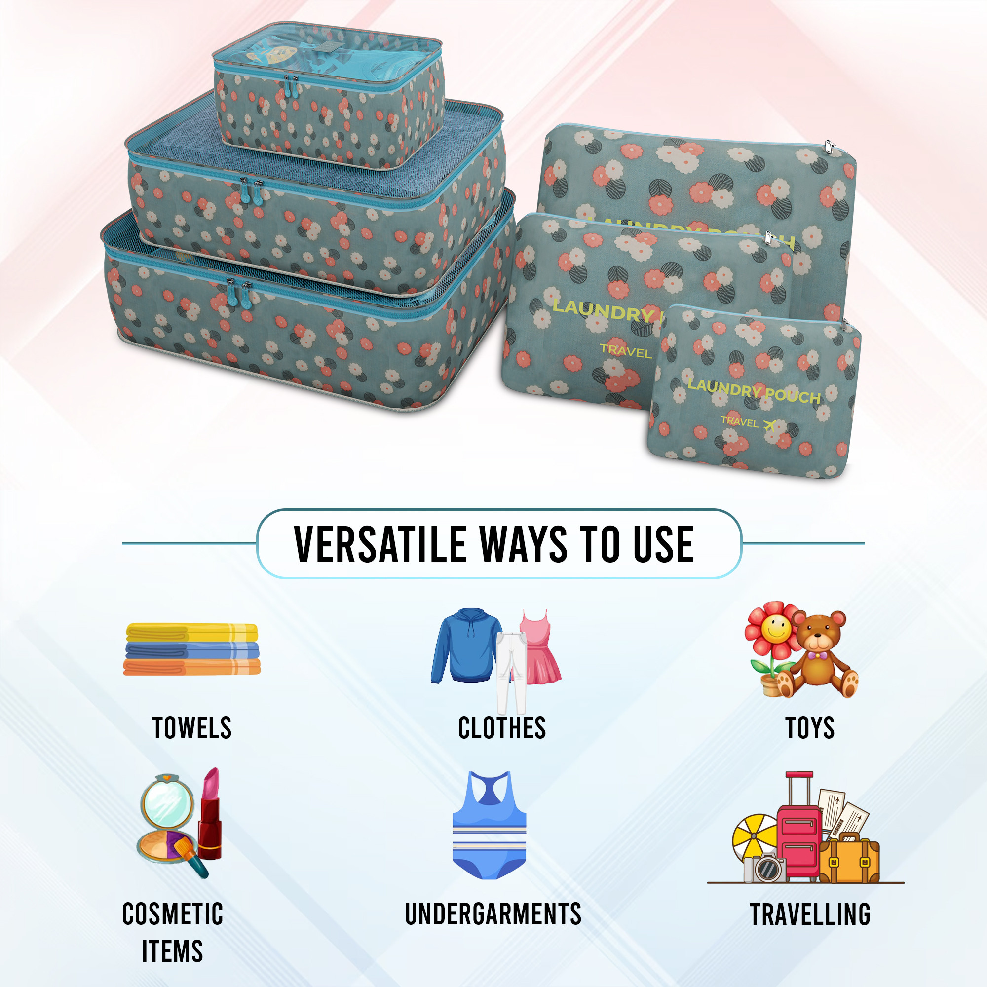 Kuber Industries Pack of 6 Foldable Travel Pouches for Women  Men with Zip  Multi-Size Luggage Organiser Bag for Travel  Packing Cube for ClothesShoesToiletries  YJ-35-BLU  Floral -  Blue